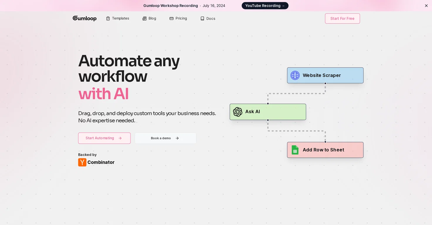 Gumloop canvas showing an AI research and enrichment pipeline