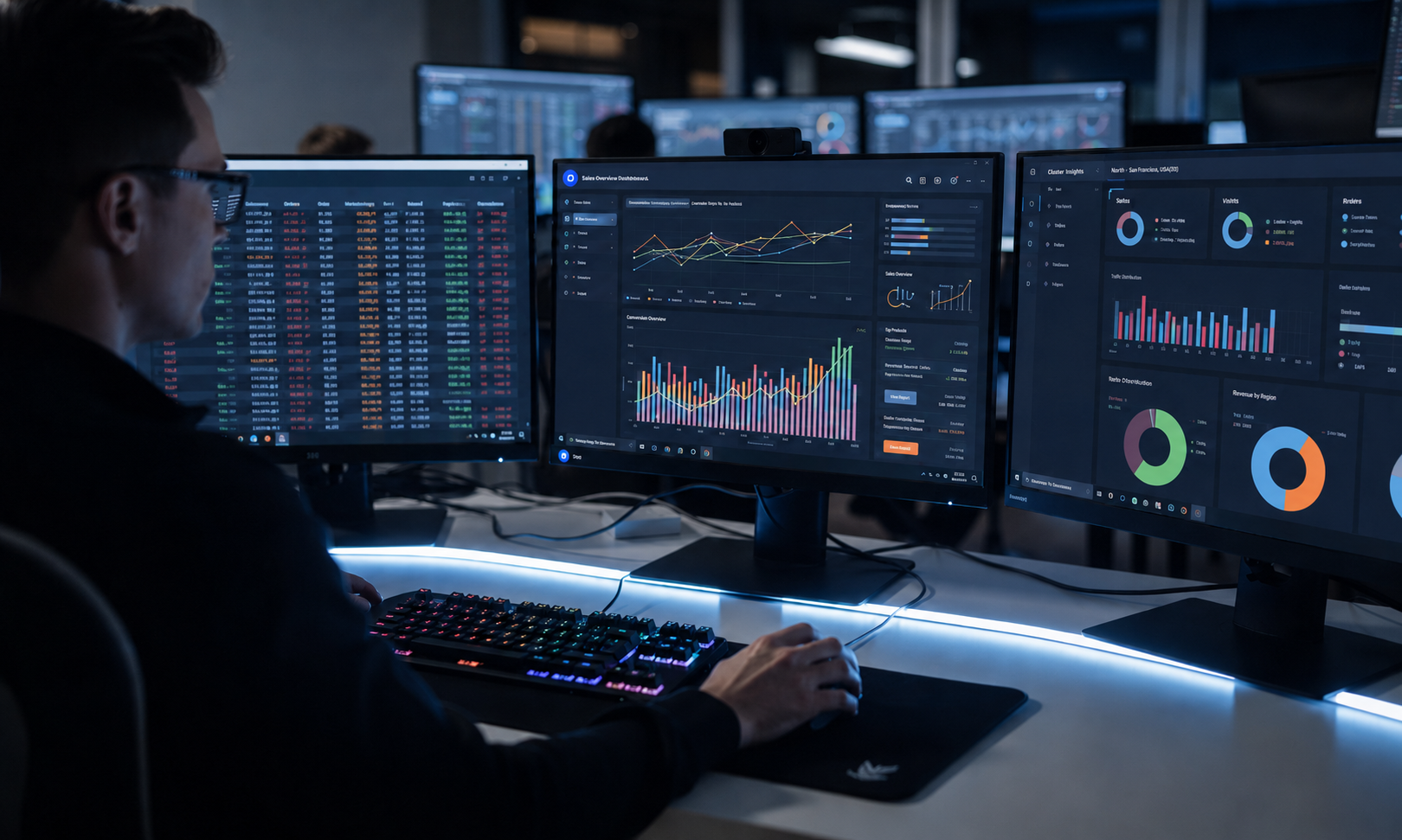 The image shows a developer at a workstation with multiple monitors, each displaying data tables and colorful dashboard panels, ideal for managing Elasticsearch clusters and performing data analysis. The setup highlights an intuitive interface for interacting with various tools and features, including query performance analysis and cluster monitoring.
