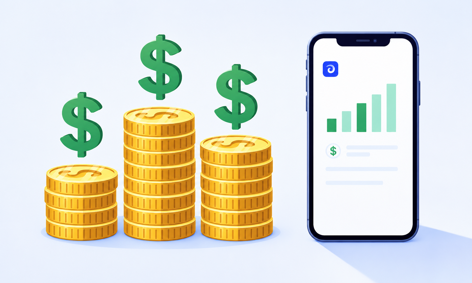 The illustration features stacked coins and dollar signs beside a mobile phone, symbolizing the layered costs associated with mobile app development and publishing. This visual representation highlights the financial aspects of creating a mobile app, including potential hidden costs and various pricing plans for app stores.