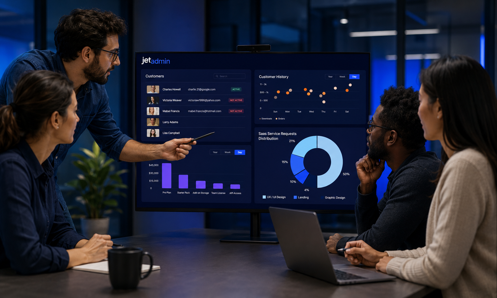The image depicts a diverse team collaborating around a large monitor that displays a vibrant data dashboard filled with various charts, symbolizing teamwork in app development. This scene highlights the importance of real user feedback and data analysis in creating successful mobile apps and web applications.