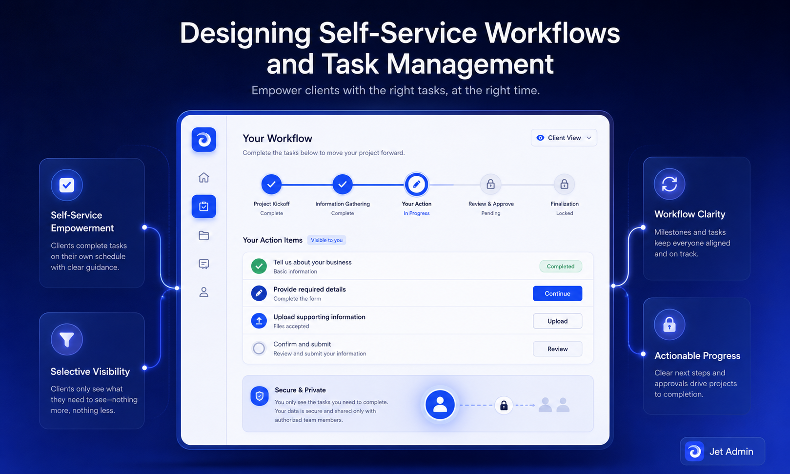 The image features a clean laptop screen displaying a task dashboard, showcasing progress indicators and checkmarks, ideal for effective project management in a client portal. This intuitive interface allows users to manage tasks and monitor their workflow efficiently.