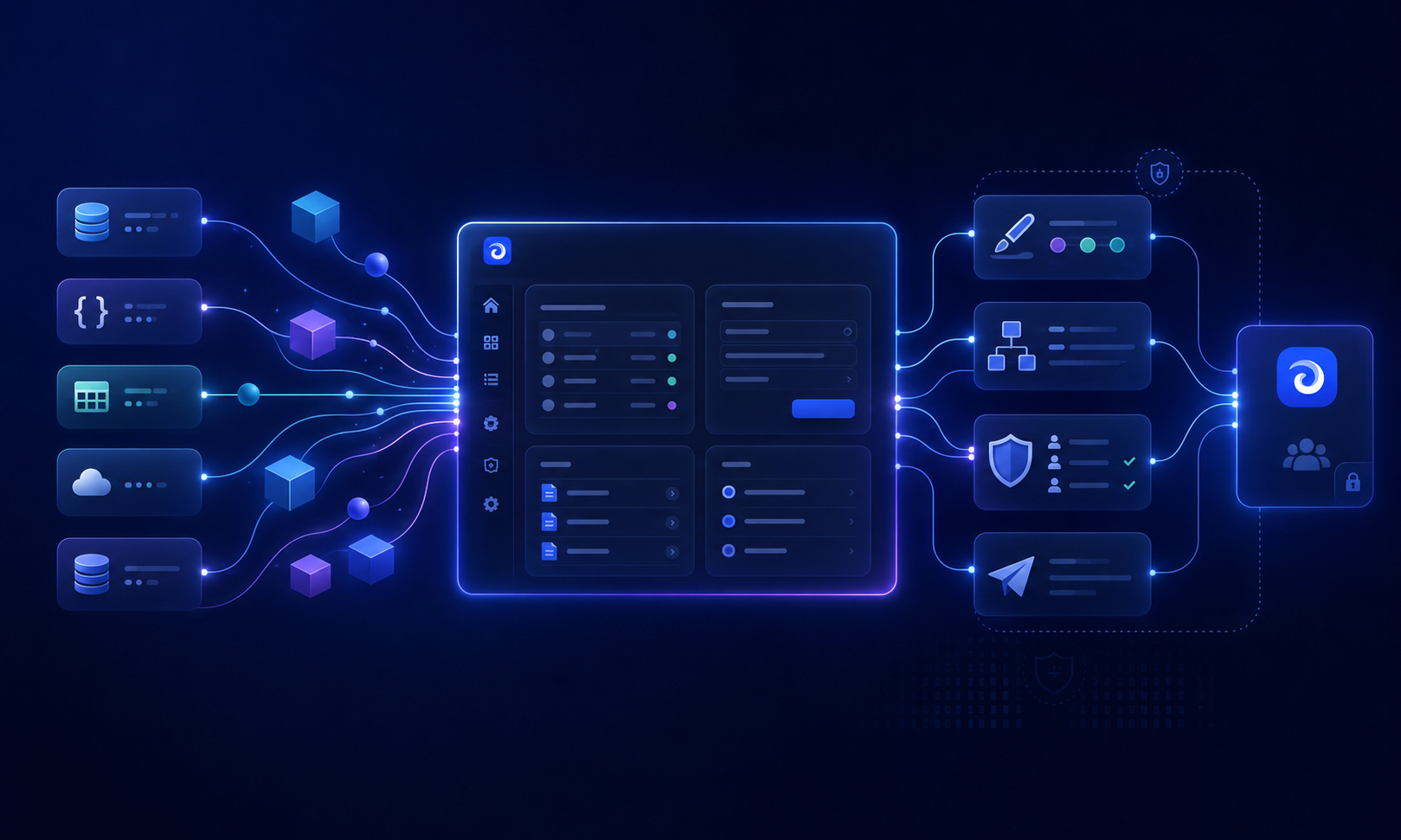 The image depicts interconnected data sources flowing into a unified client portal interface, illustrated with abstract geometric shapes and connecting lines, symbolizing an intuitive interface for managing client information and enhancing client communication. This design represents a modern approach to project management, facilitating file sharing and collaboration among users.