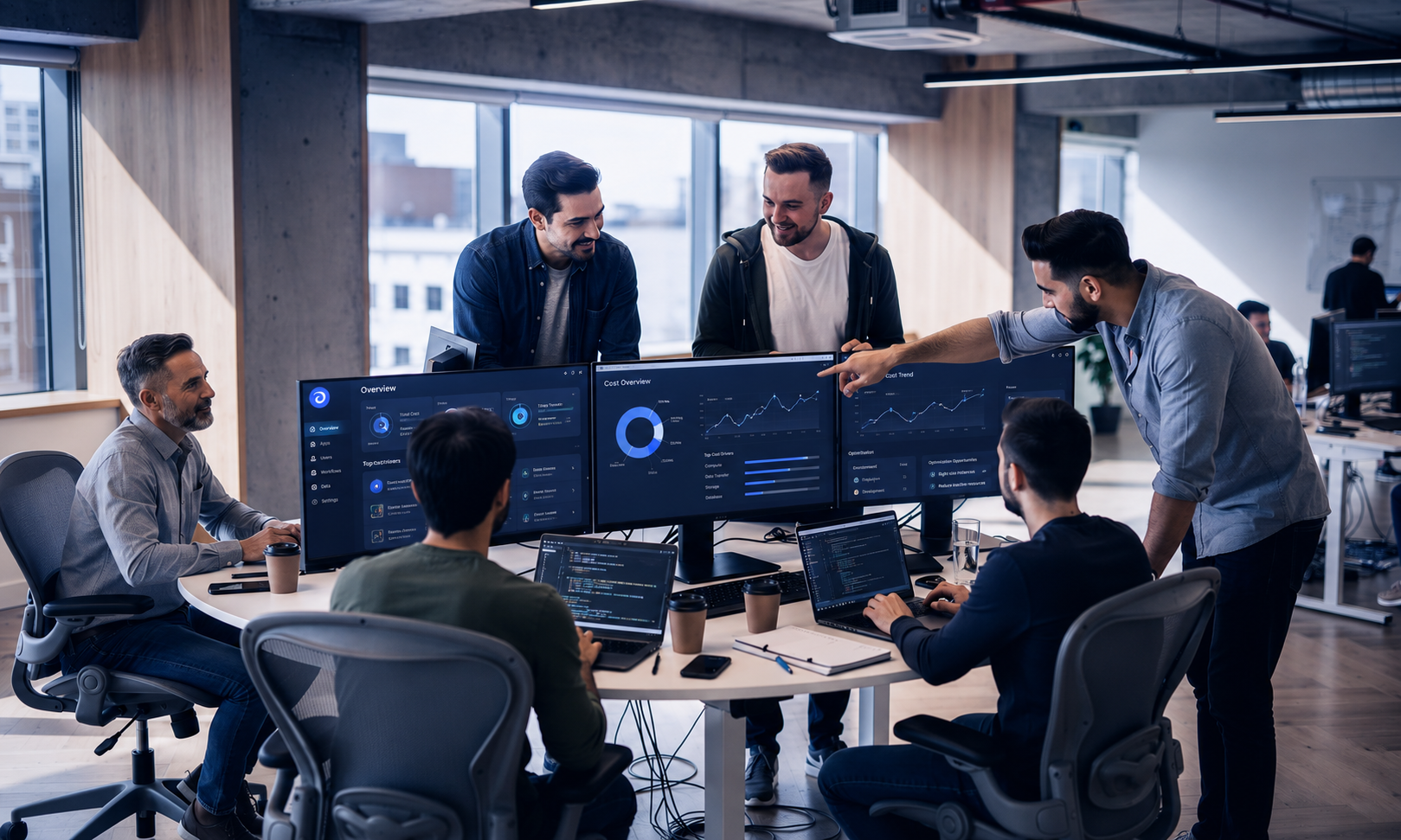 A team of developers collaborates in a modern open office, gathered around monitors that display application dashboards, showcasing various internal tools and data sources. They are engaged in discussions about building internal apps and integrating advanced features, emphasizing the importance of user management and workflow automation in their development process.