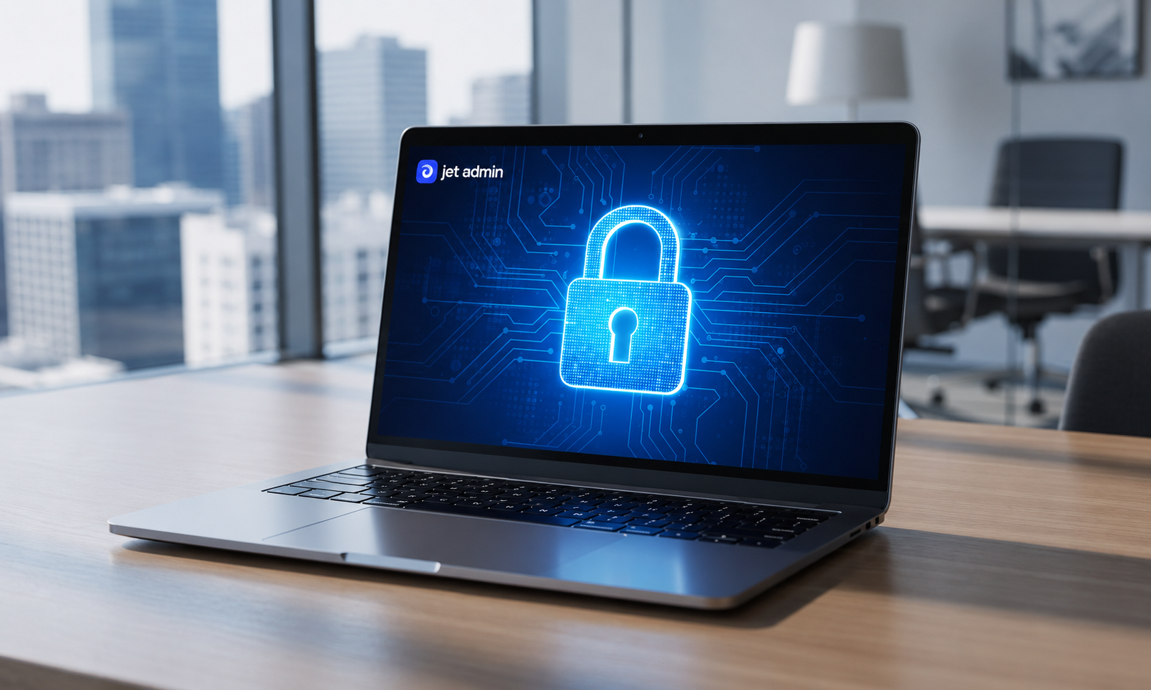 The image shows a secure digital lock displayed on a modern laptop screen, set in a professional office environment, symbolizing enhanced security for customer portal software. This visual emphasizes the importance of protecting customer data and improving customer satisfaction through user-friendly interfaces and self-service tools.