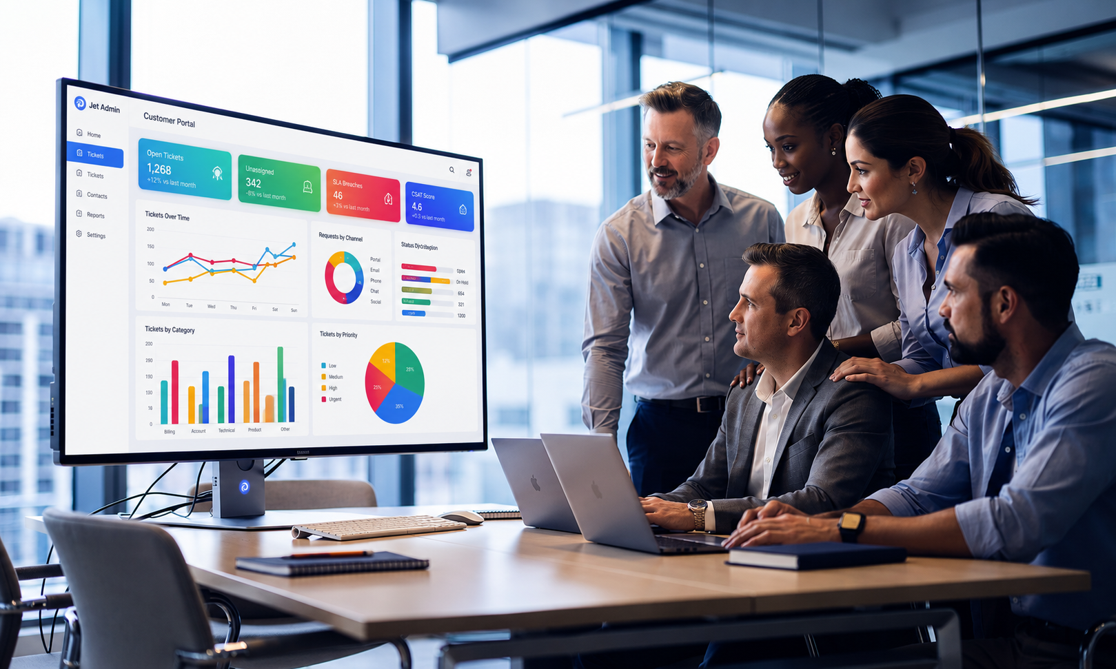 A diverse team is collaborating around a large monitor in a modern office, which displays colorful dashboard charts that illustrate customer data and project status. This environment fosters effective communication and task management, highlighting the importance of user-friendly interfaces in client portal software for enhancing customer satisfaction.