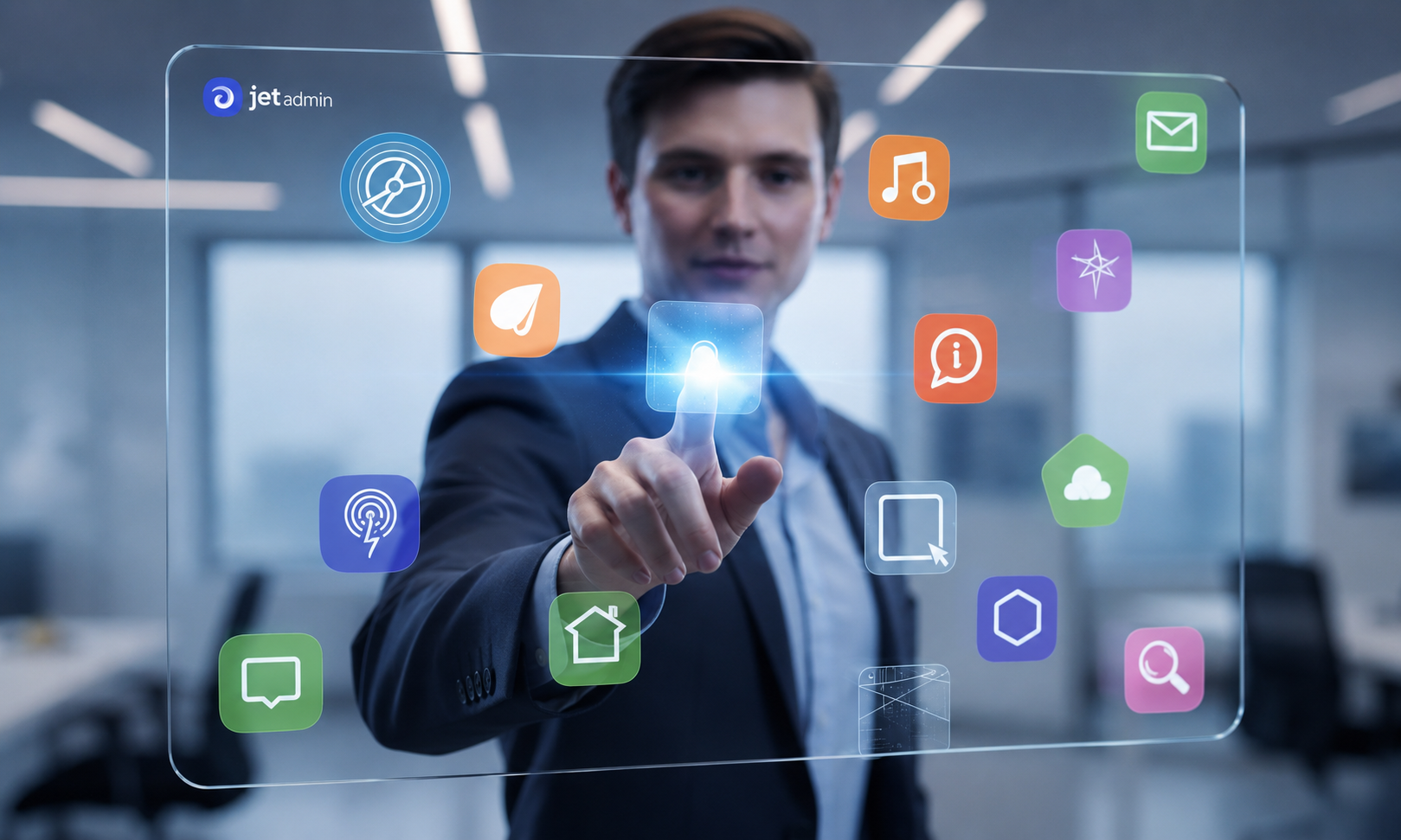The image depicts a person interacting with a transparent digital touchscreen, selecting from various colorful icons that represent different features of a customer portal. This user-friendly interface showcases options related to task management and customer data, highlighting the ease of access and enhanced security typical of modern client portal software.