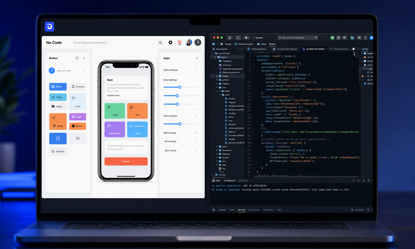The image features a side-by-side comparison of two app builder interfaces: on the left, a user-friendly drag-and-drop canvas designed for non-technical users to create internal apps easily, and on the right, a code-heavy development environment catering to technical users who prefer full control with custom code and integration capabilities. This visual highlights the differences between low code and no code solutions for building internal tools and client-facing apps.