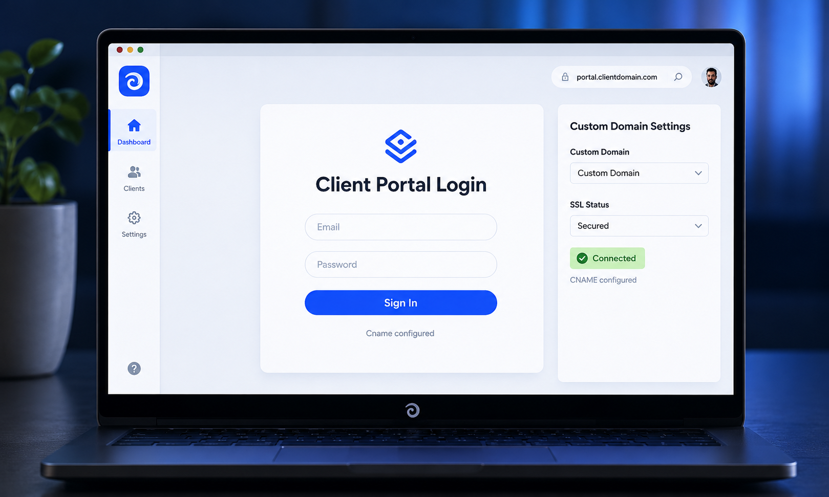 The image showcases a polished client portal interface featuring a branded login screen and customizable domain settings, designed for both internal and external users. This user-friendly portal emphasizes advanced customization and seamless integration with various data sources, making it suitable for non-technical users and enhancing workflow automation.