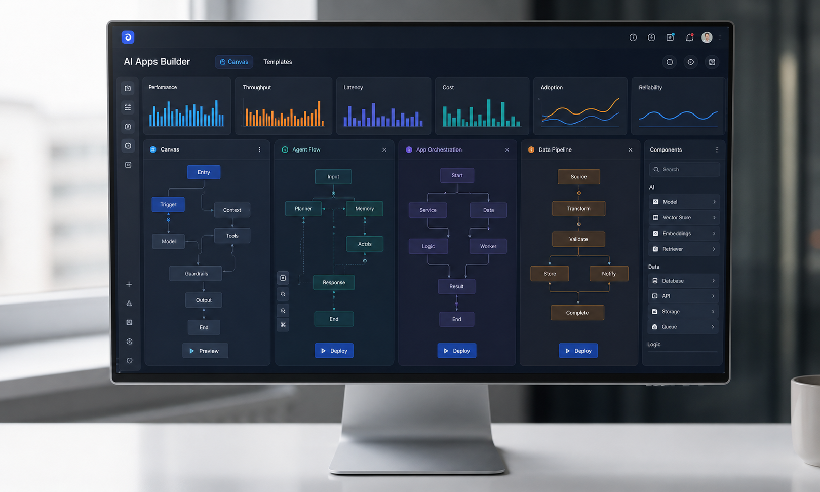 A comparison dashboard displays multiple AI app builder interfaces side by side on a monitor, showcasing features like visual editing and code export options. This setup highlights the tools' capabilities for non-technical users and advanced features for rapid prototyping of production-ready apps.