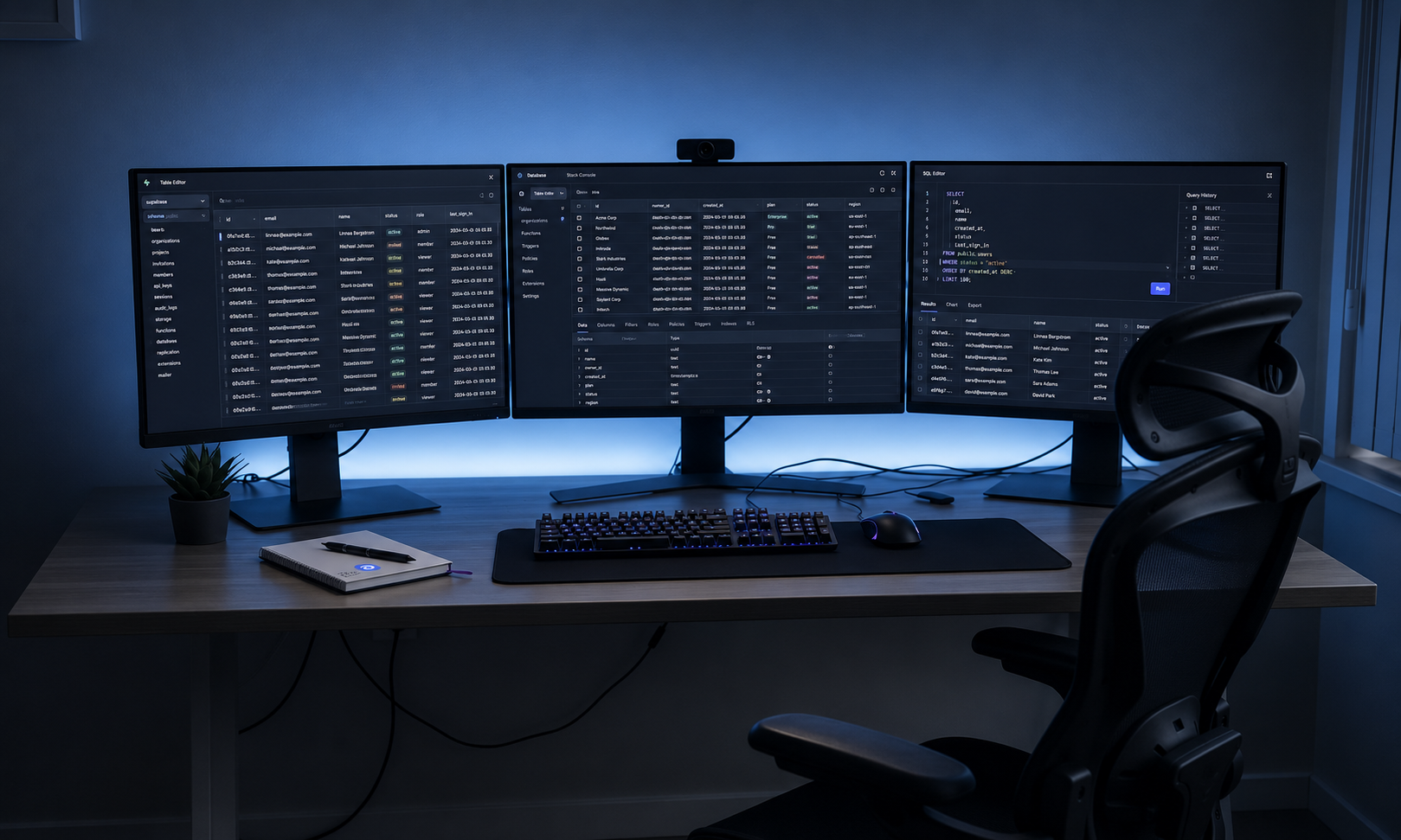 The image depicts a developer workspace featuring multiple monitors, each displaying various database tables and data grids, highlighting the power of tools like the Supabase UI library for managing users and data efficiently. This setup illustrates a modern development environment where developers can easily implement authentication and queries for their applications.