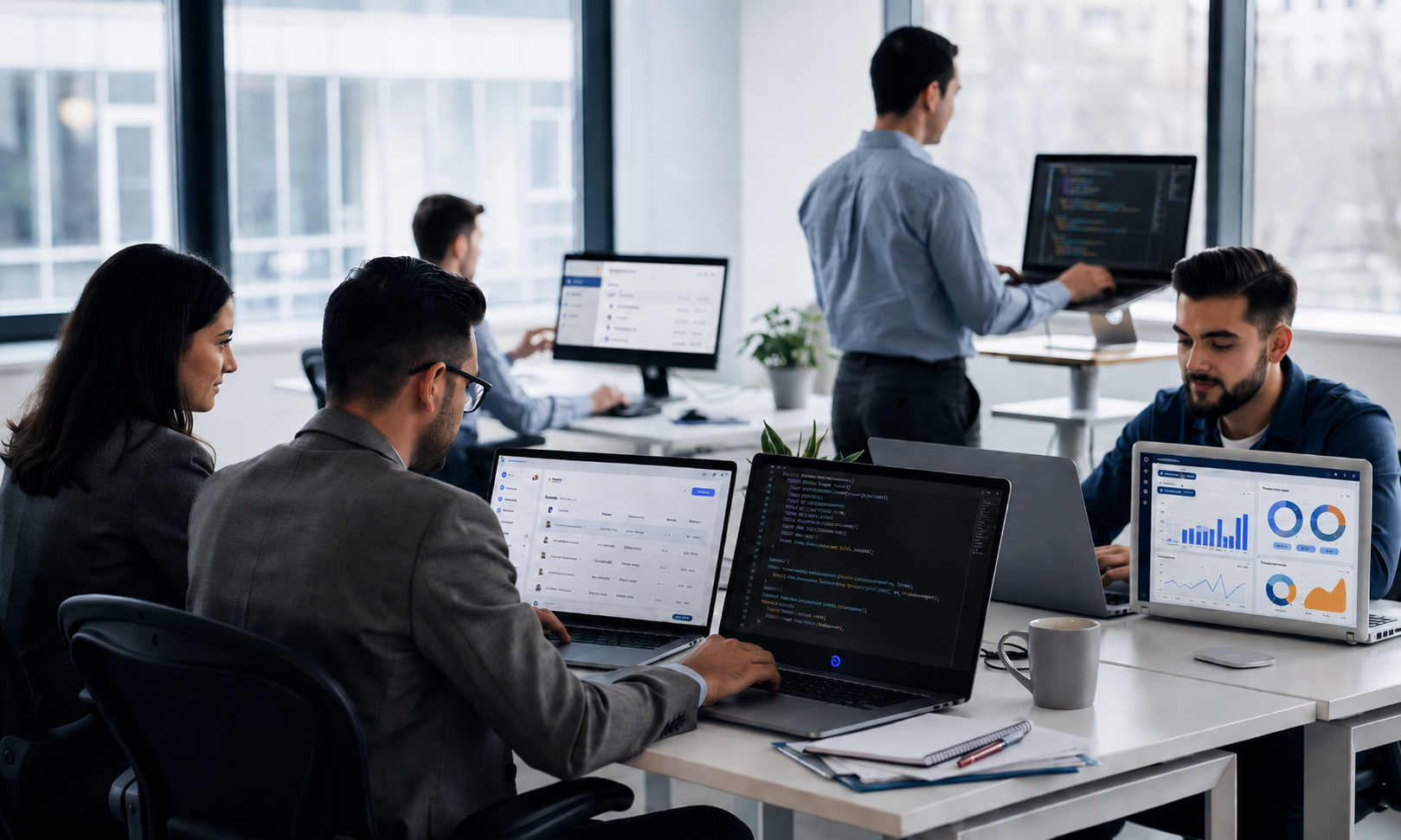A diverse team of developers collaborates at their desks, each using laptops displaying various software interfaces, including components from the Supabase UI library. They appear engaged in their project, discussing features related to authentication and data management.