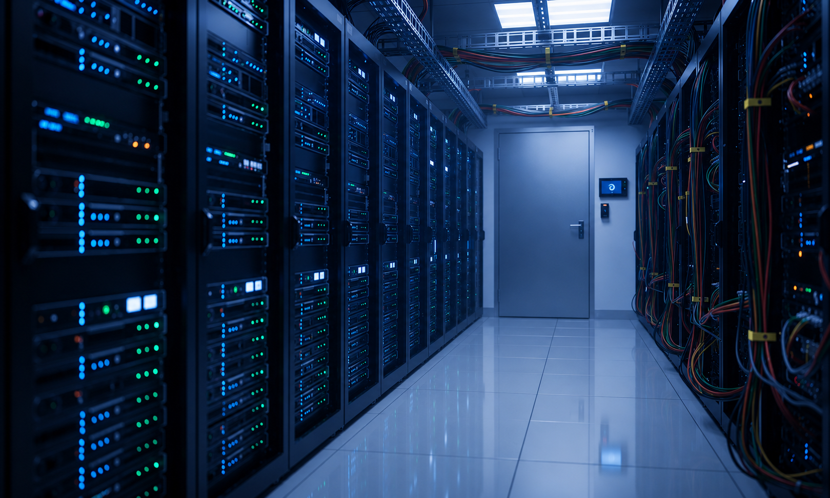 The image depicts a secure server room filled with blinking indicator lights, showcasing organized cable management for efficient data flow. This environment is essential for developers leveraging tools like the Supabase UI library to manage authentication and storage in their applications.