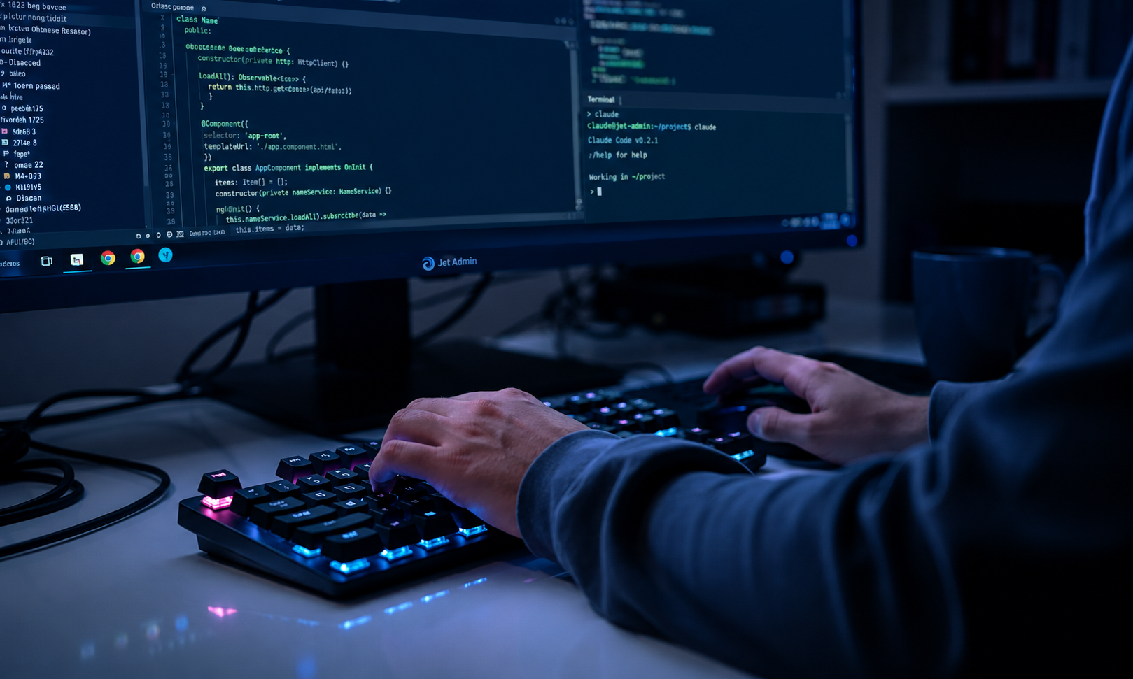 The image shows a developer's hands typing on a keyboard, with a terminal window open on a dark screen displaying the output of code execution. This scene captures the essence of using development tools like the command line interface to run coding tasks and manage project structure efficiently.