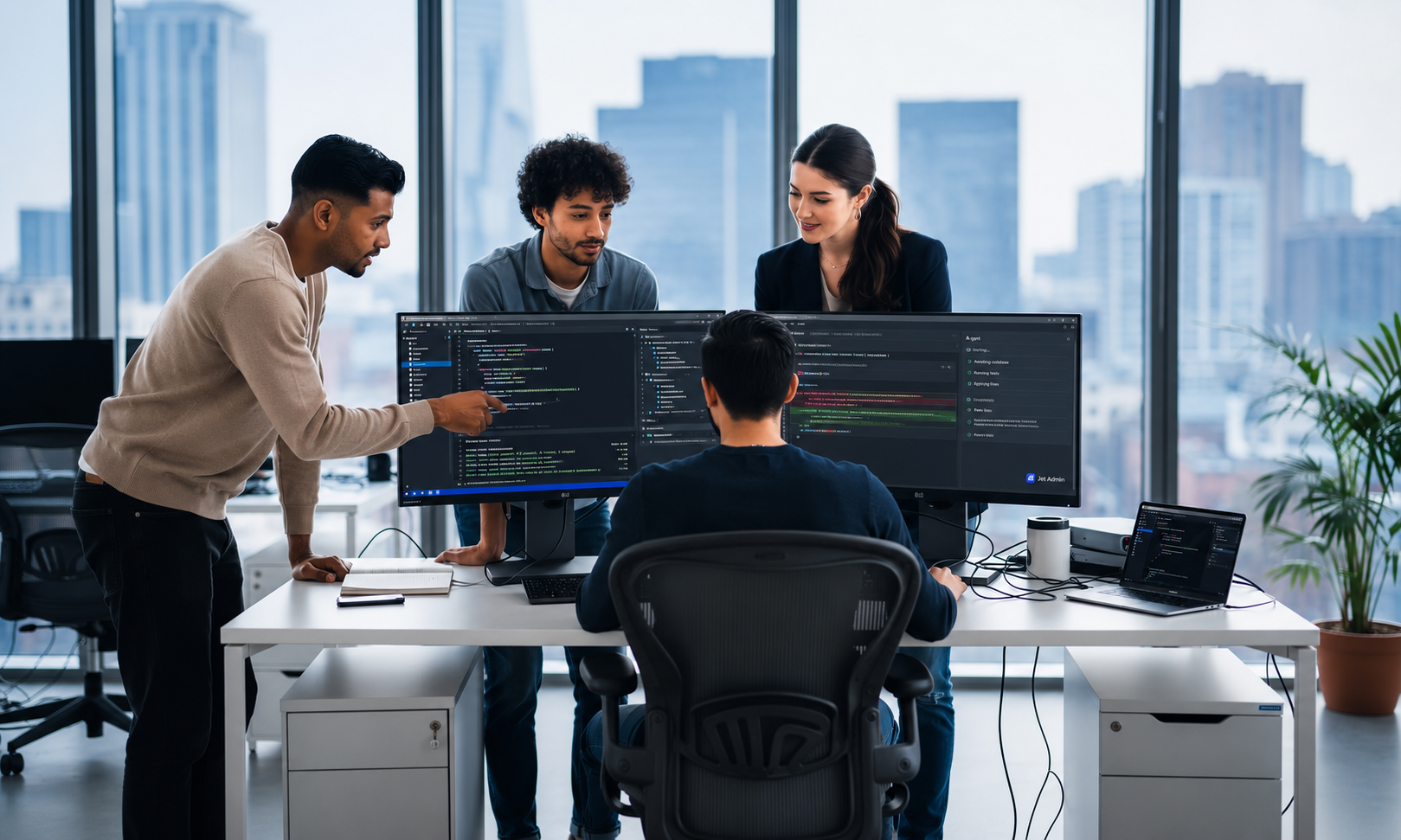 A diverse team of developers collaborates in a modern office, intently reviewing and discussing code displayed across multiple monitors. They are engaged in a coding session, utilizing various development tools to understand the project structure and implement features efficiently.