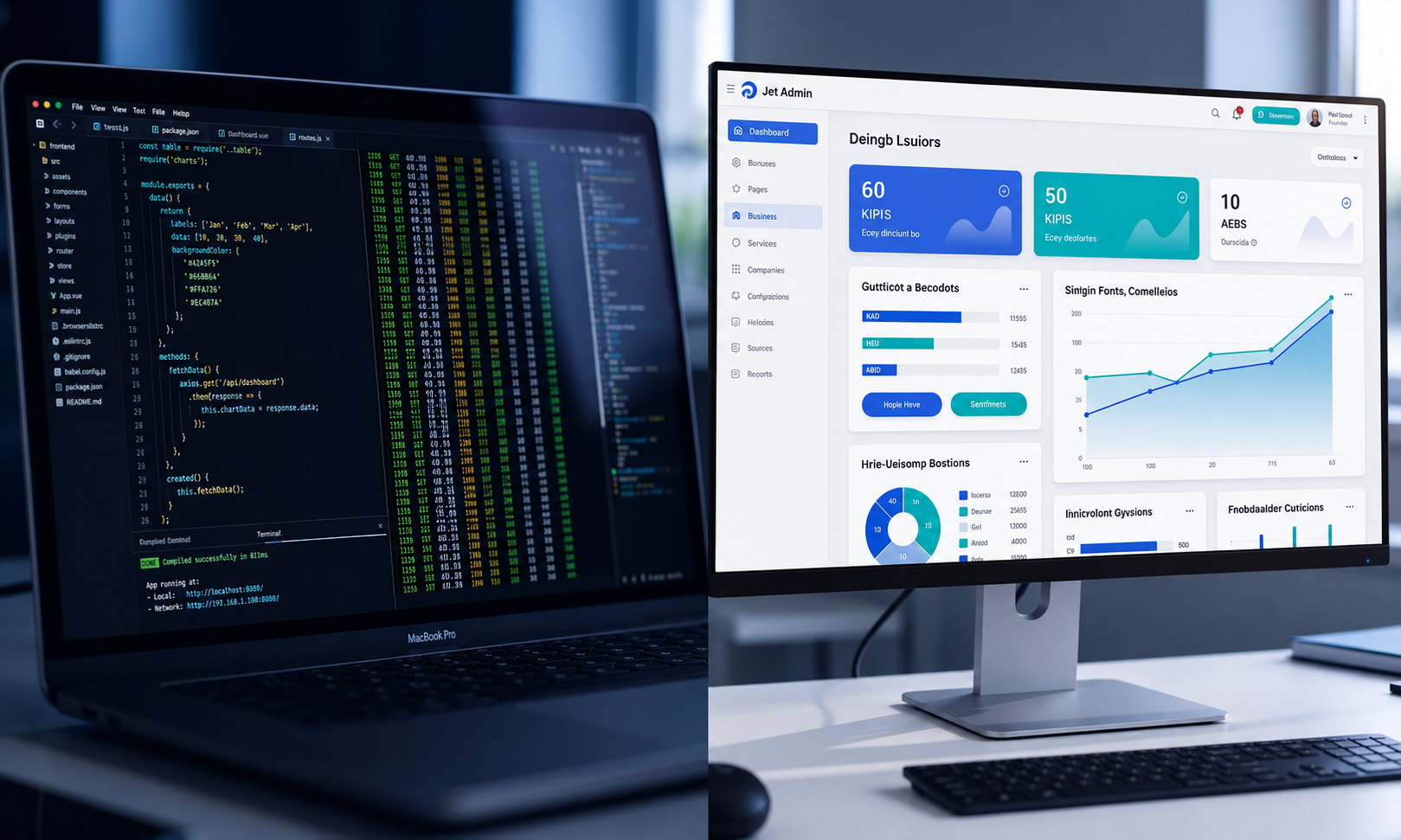 The image depicts a split-screen view with a code terminal on the left, showcasing a command line interface where users can run Claude code and manage multiple files, while the right side displays a business dashboard application that visualizes data and analytics. This layout highlights the integration of development tools and business insights, emphasizing the use of AI tools for coding tasks and feature implementation.