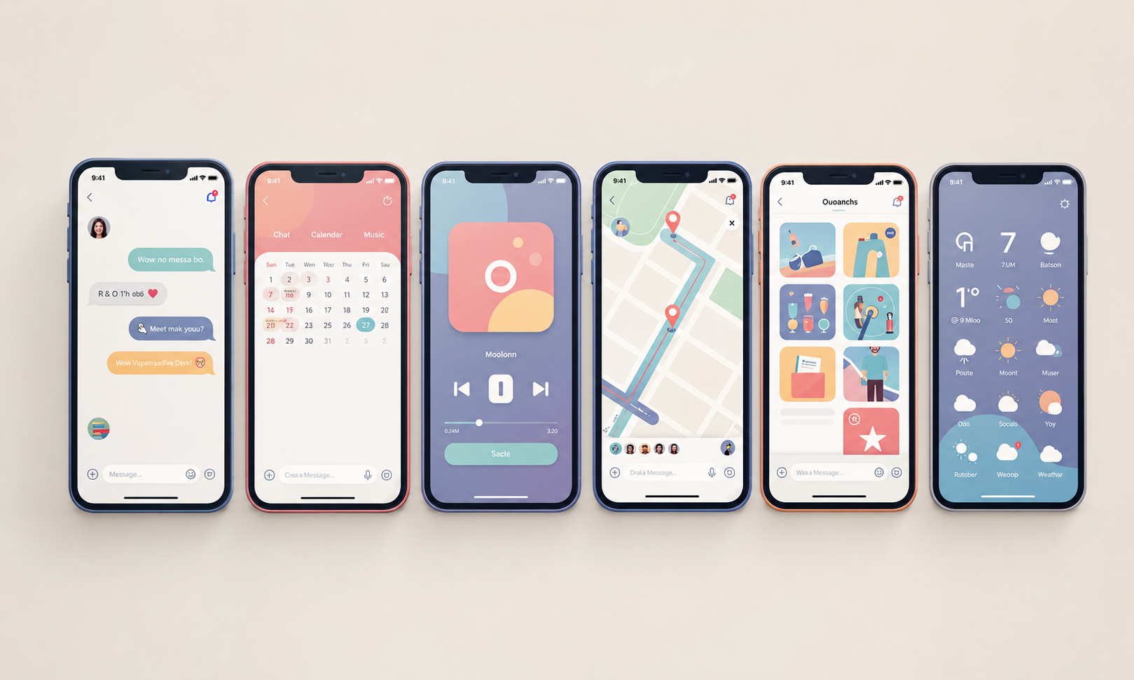 The image shows several smartphones and tablets lined up, each displaying different mobile app screens, highlighting various app functionalities such as booking features and user interfaces. This illustration emphasizes the versatility of app development, showcasing both native iOS and Android apps, as well as web applications, ideal for users exploring app store publishing and mobile app creation.