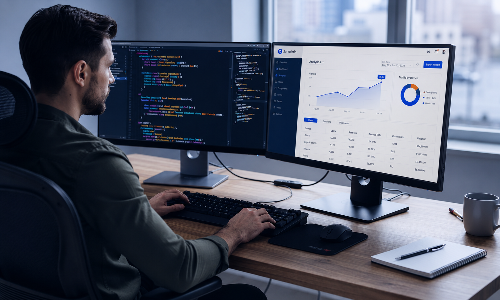 A developer is seated at a desk, focused on dual monitors; one displays lines of code while the other showcases a clean admin dashboard featuring essential UI components and interactive charts. The workspace reflects a modern development environment, ideal for web projects and SaaS platforms.