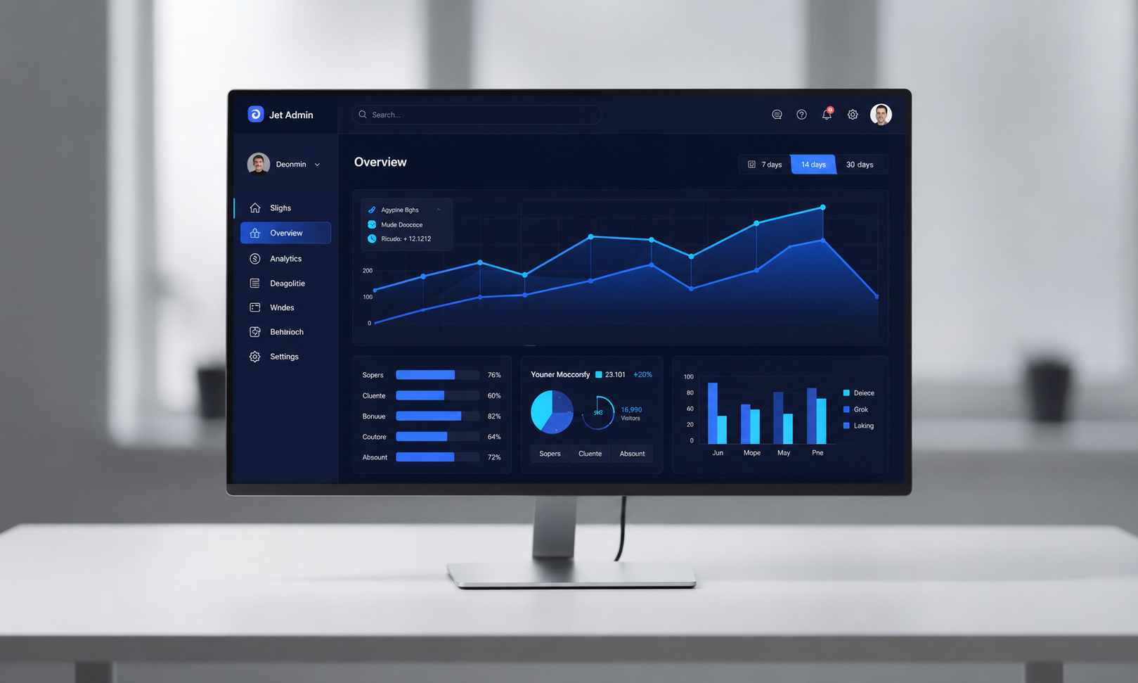The image features a modern computer monitor showcasing a sleek dashboard interface in a dark color scheme, complete with interactive charts and sidebar navigation. This design emphasizes essential UI components for user management and data visualization, making it ideal for SaaS platforms and web projects.