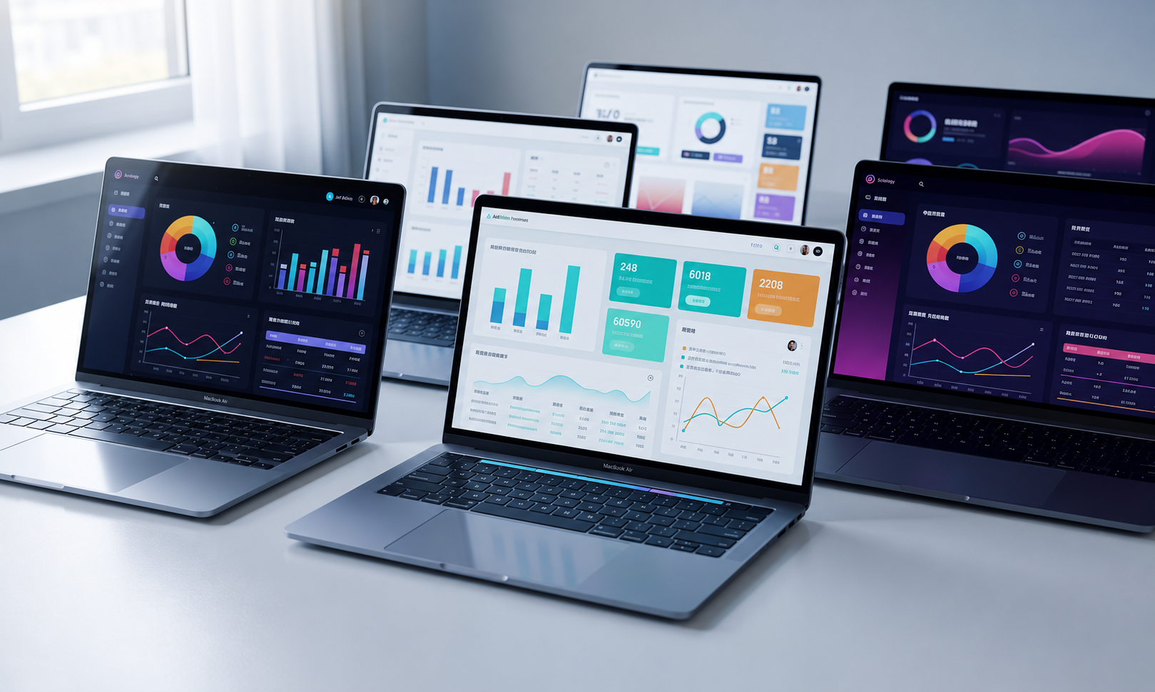 The image features multiple laptop screens displaying various admin dashboard layouts, showcasing a range of color schemes and interactive charts. These dashboards highlight essential UI components and data visualization tools, ideal for developers working on modern web projects and SaaS platforms.