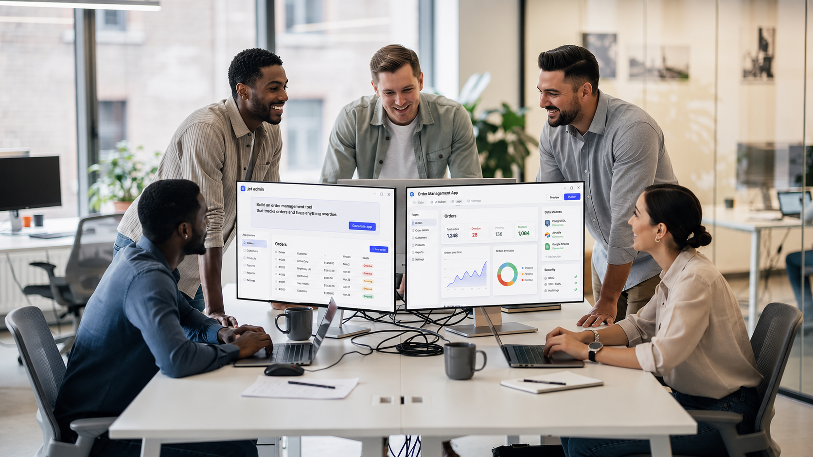 A diverse and lovable team collaborates around multiple computer screens in a modern office, engaging in discussions and brainstorming ideas for building apps and software. The environment reflects a dynamic workflow, highlighting teamwork and innovation in a community-driven project.