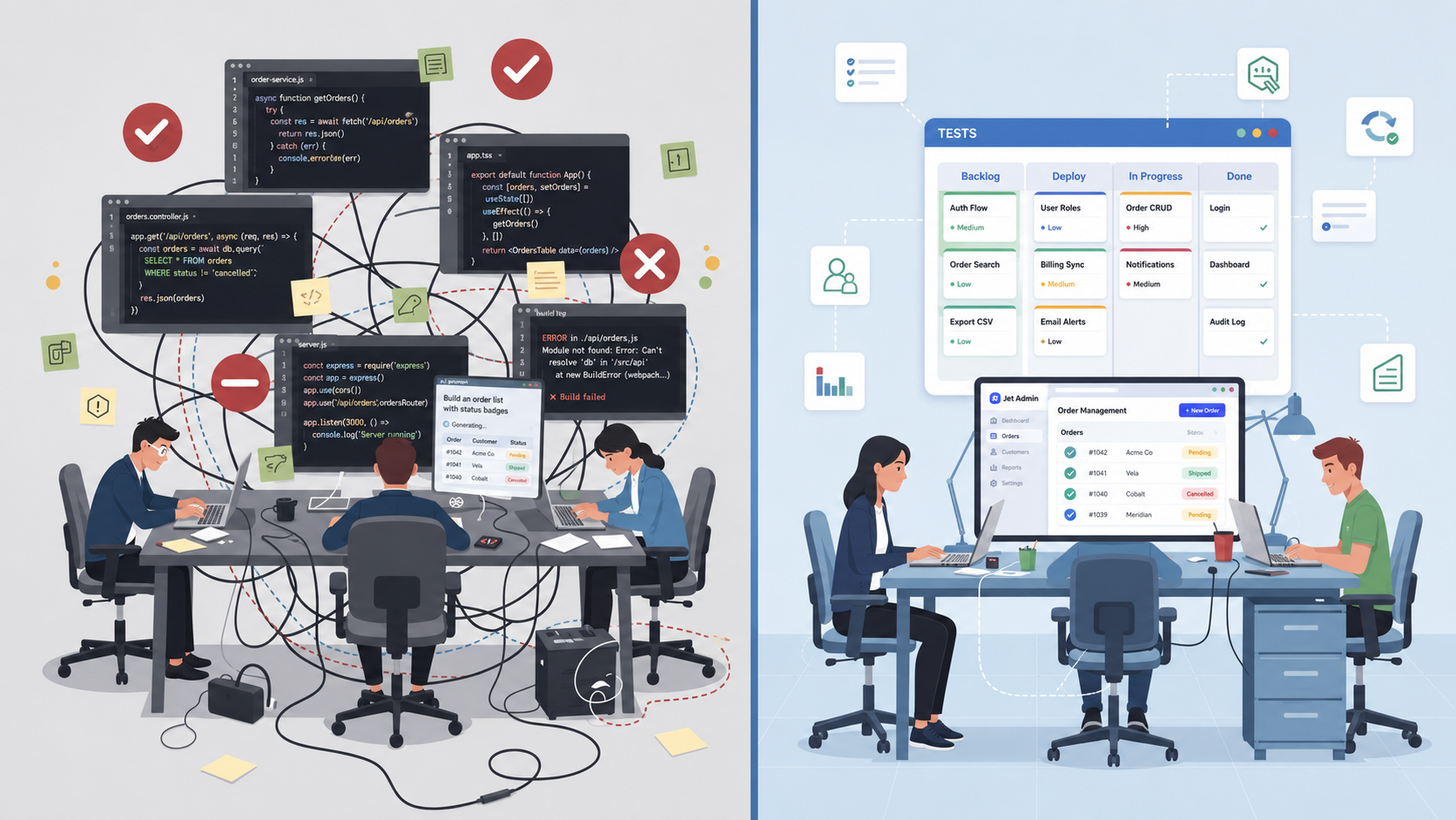 The image features a split-screen comparison of two distinct software development approaches, showcasing their workflows and tools side by side. On one side, a lovable team is seen using a collaborative platform to build apps, while the other side highlights a more traditional method with code and debugging processes.