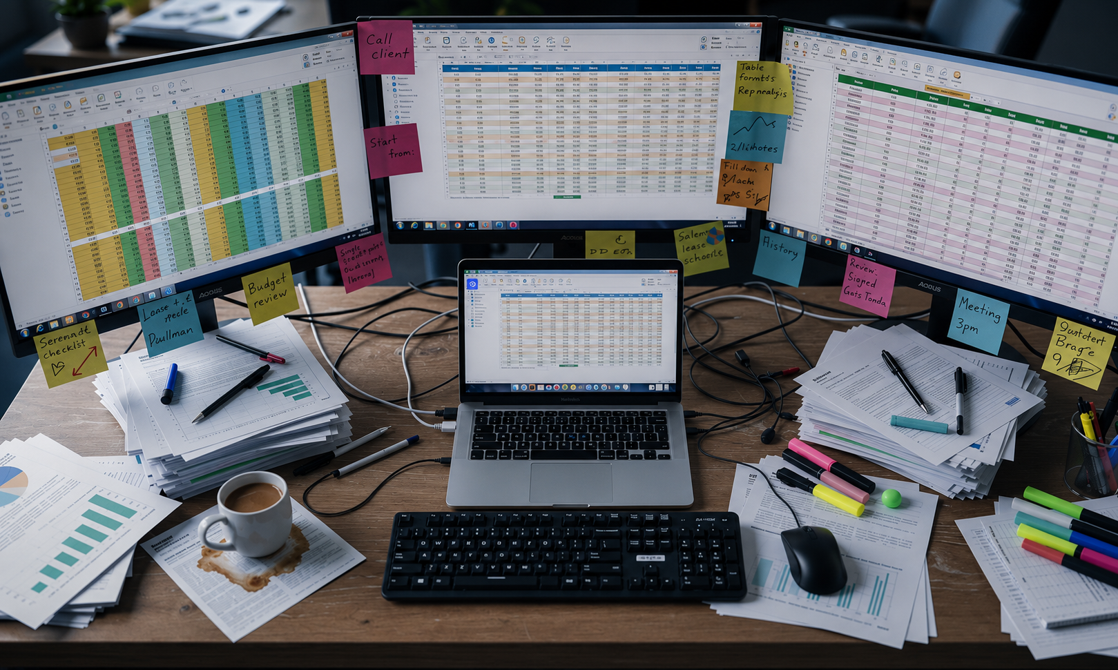 The image depicts a cluttered office desk featuring multiple computer screens, each displaying different spreadsheet applications, alongside a variety of colorful sticky notes. This chaotic workspace reflects the complexities of business operations and the need for tailored software solutions to streamline workflows and enhance productivity.