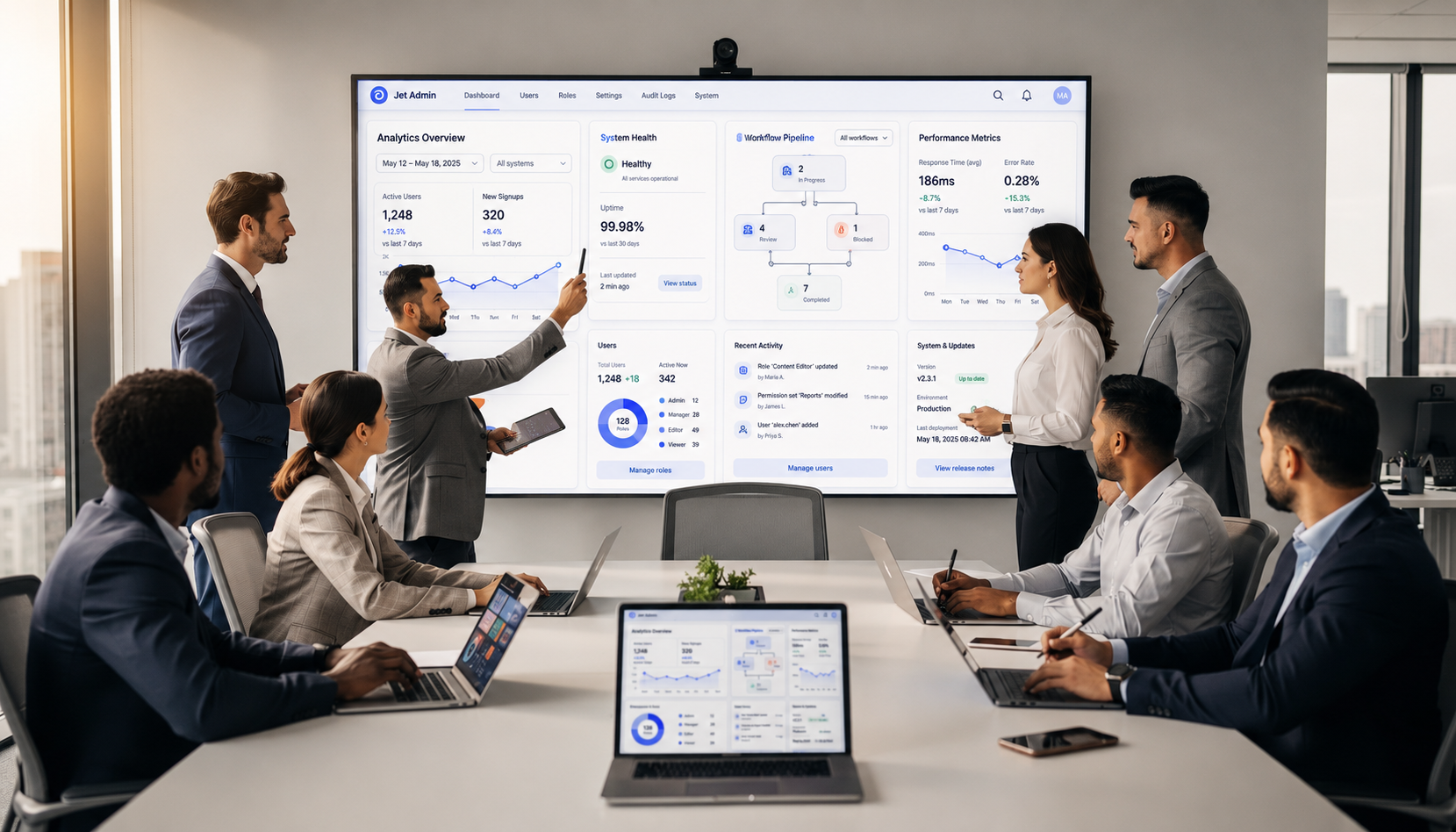 A diverse team collaborates around a large screen displaying interactive charts and data visualization related to workflow diagrams and analytics. The scene highlights the use of an admin dashboard template, showcasing metrics and user management features essential for effective project collaboration.