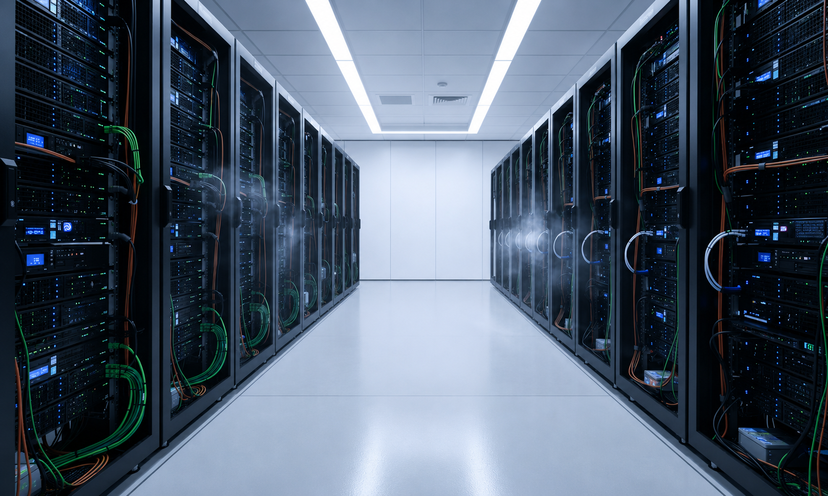 The image depicts a modern server room featuring neatly organized racks filled with servers, each equipped with blinking indicator lights, symbolizing a robust infrastructure for custom software solutions and business operations. This environment supports the development process of tailored software solutions, enhancing operational efficiency and streamlining workflows.