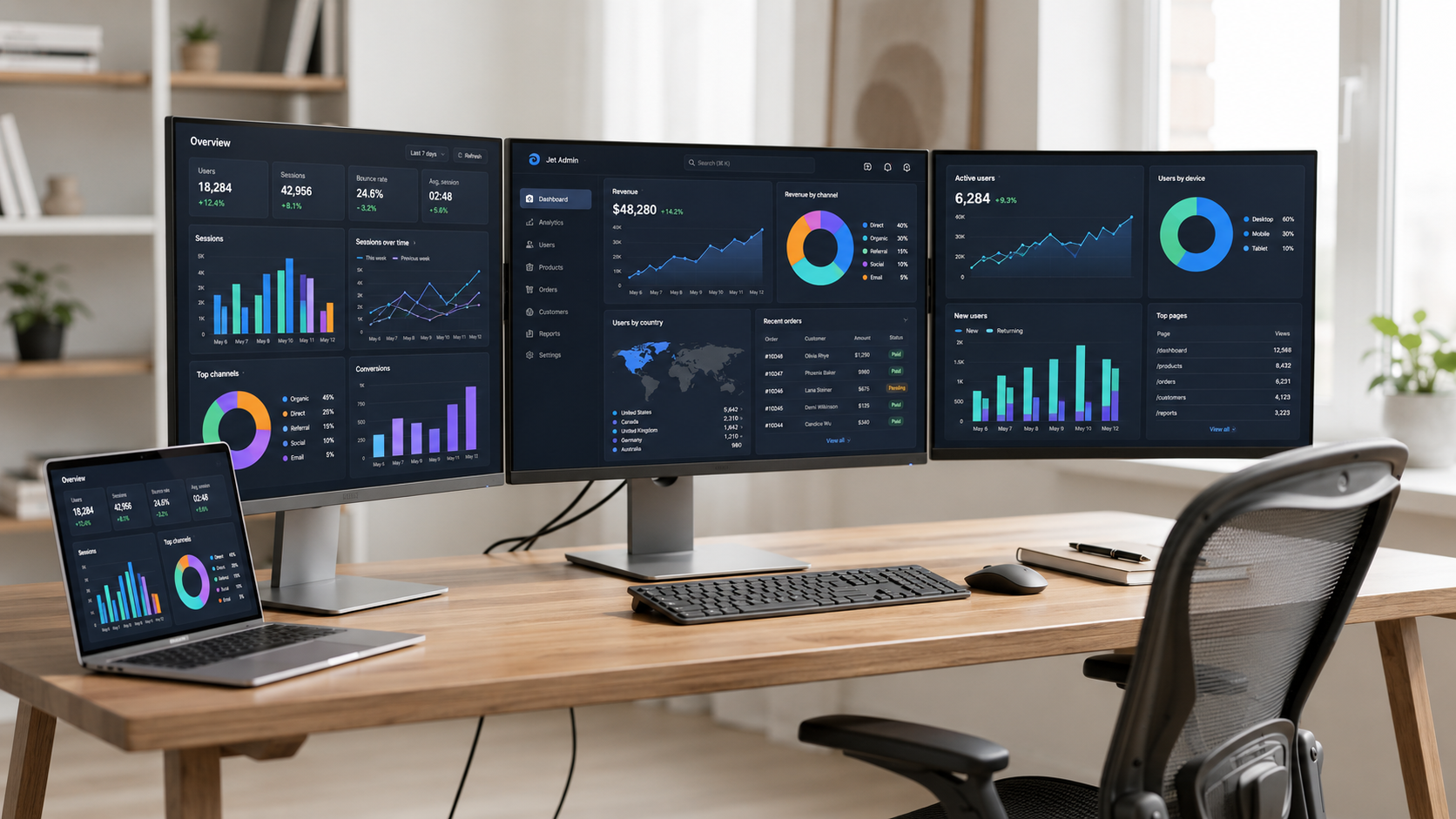The image depicts a clean, modern workspace featuring multiple monitors that showcase vibrant data visualization, including colorful charts and graphs. This setup is ideal for users managing analytics and internal tools through an admin dashboard template, emphasizing easy customization and effective data management.