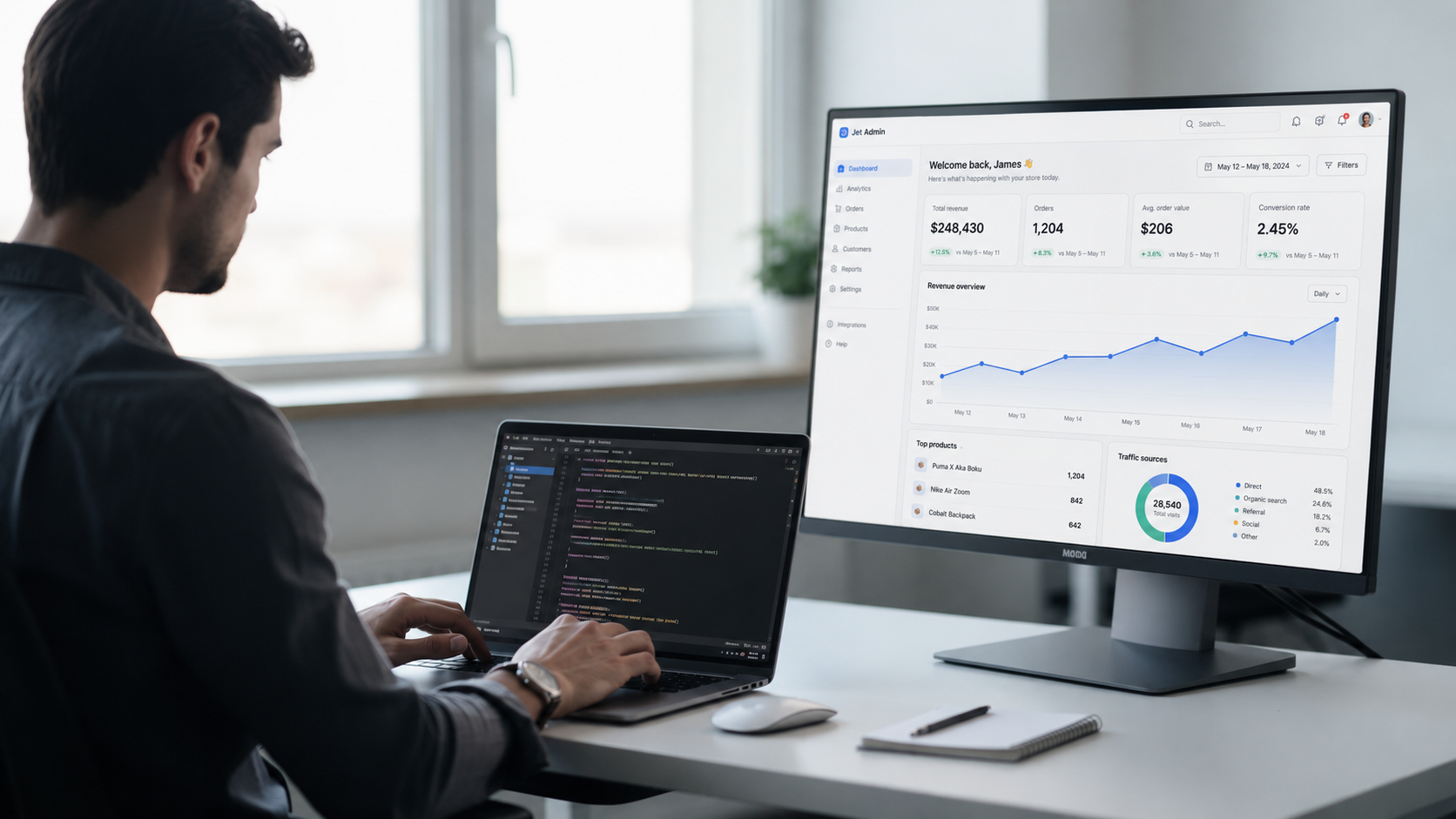 A developer is seated at a desk, intently reviewing code on a laptop while a second monitor displays an admin dashboard interface featuring interactive charts and data visualization metrics. The workspace is organized, showcasing tools for user management and easy customization of the admin template.