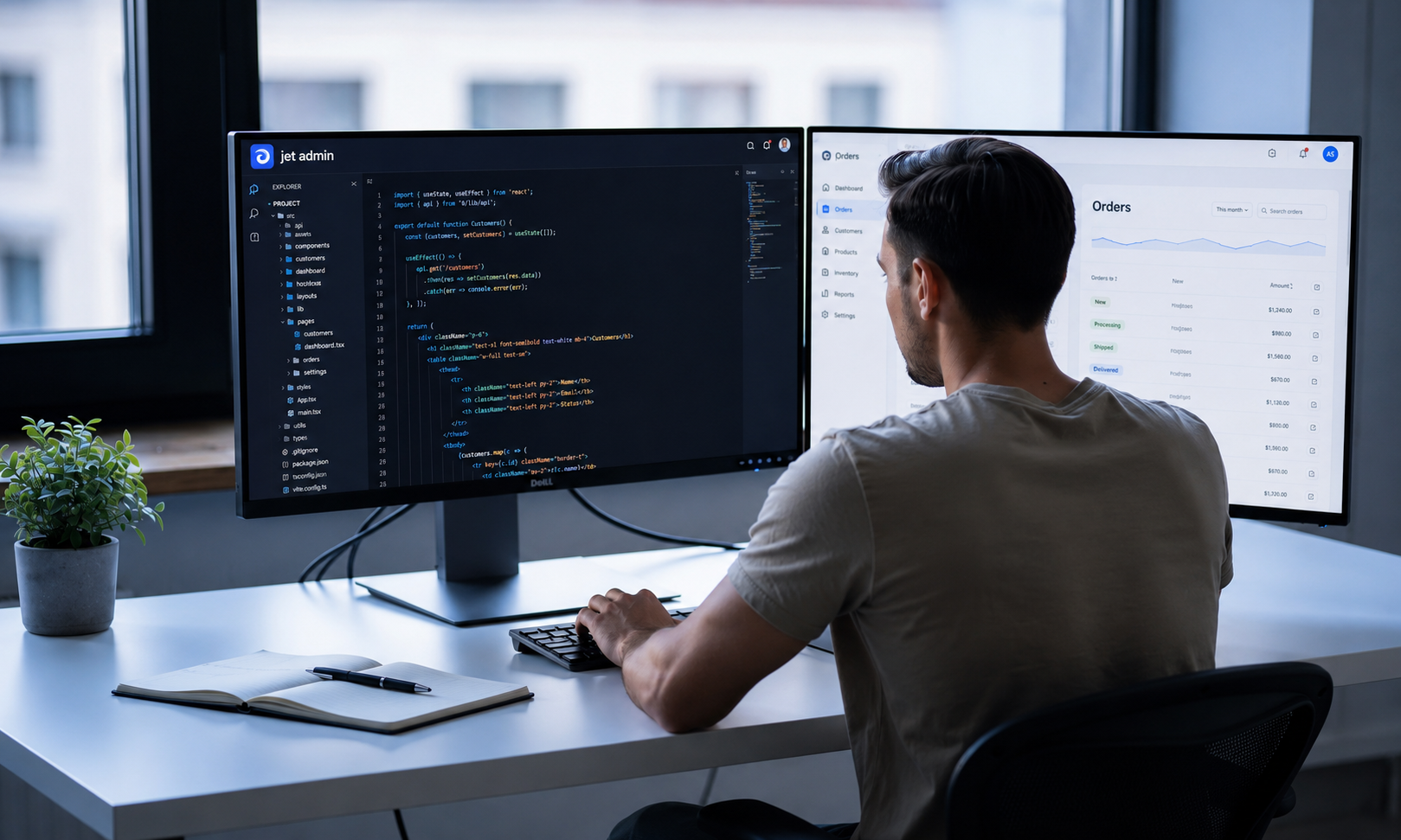 A developer is focused on their work at a dual-monitor desk, showcasing a clean and modern interface on the screens. This setup highlights the importance of custom software development in enhancing business operations and streamlining workflows.