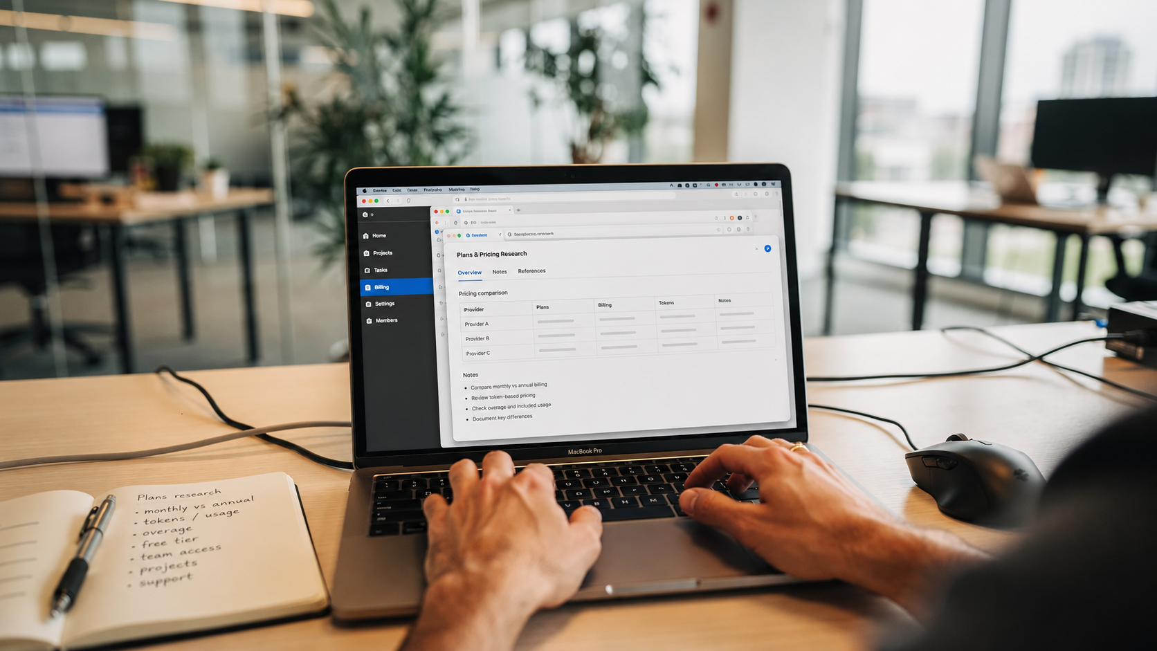 The image shows a developer's workspace featuring a laptop with multiple browser tabs open, set in a modern office environment. The scene reflects a dynamic atmosphere suitable for app building and managing both public and private projects, emphasizing a focus on token usage and development efficiency.