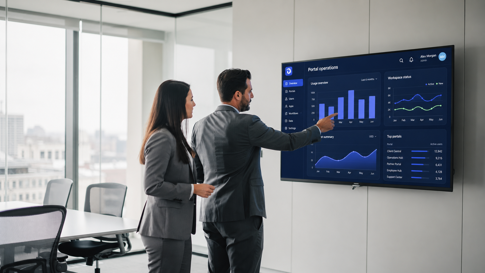 Two colleagues are engaged in a discussion while reviewing a dashboard displayed on a large monitor in a meeting room, focusing on complex data relevant to their business operations and internal tools. The setting suggests a collaborative atmosphere, likely aimed at optimizing client portals and enhancing workflows for their teams.