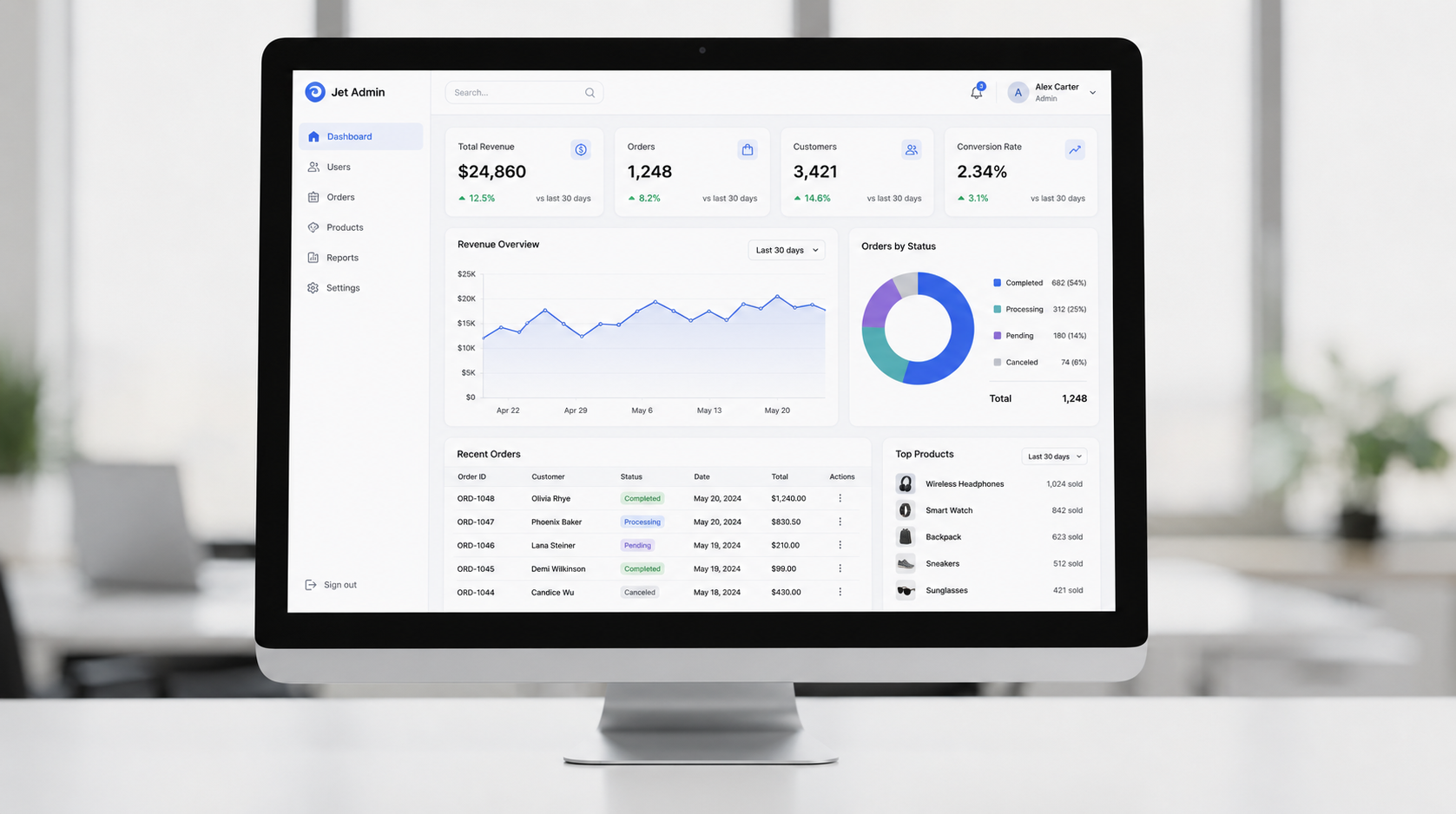 The image depicts a clean, modern admin dashboard interface displayed on a desktop screen, featuring various data visualization panels with interactive charts and statistics. This user-friendly layout is ideal for web development projects, showcasing how a free React admin template can enhance internal tools and provide a comprehensive overview of data.
