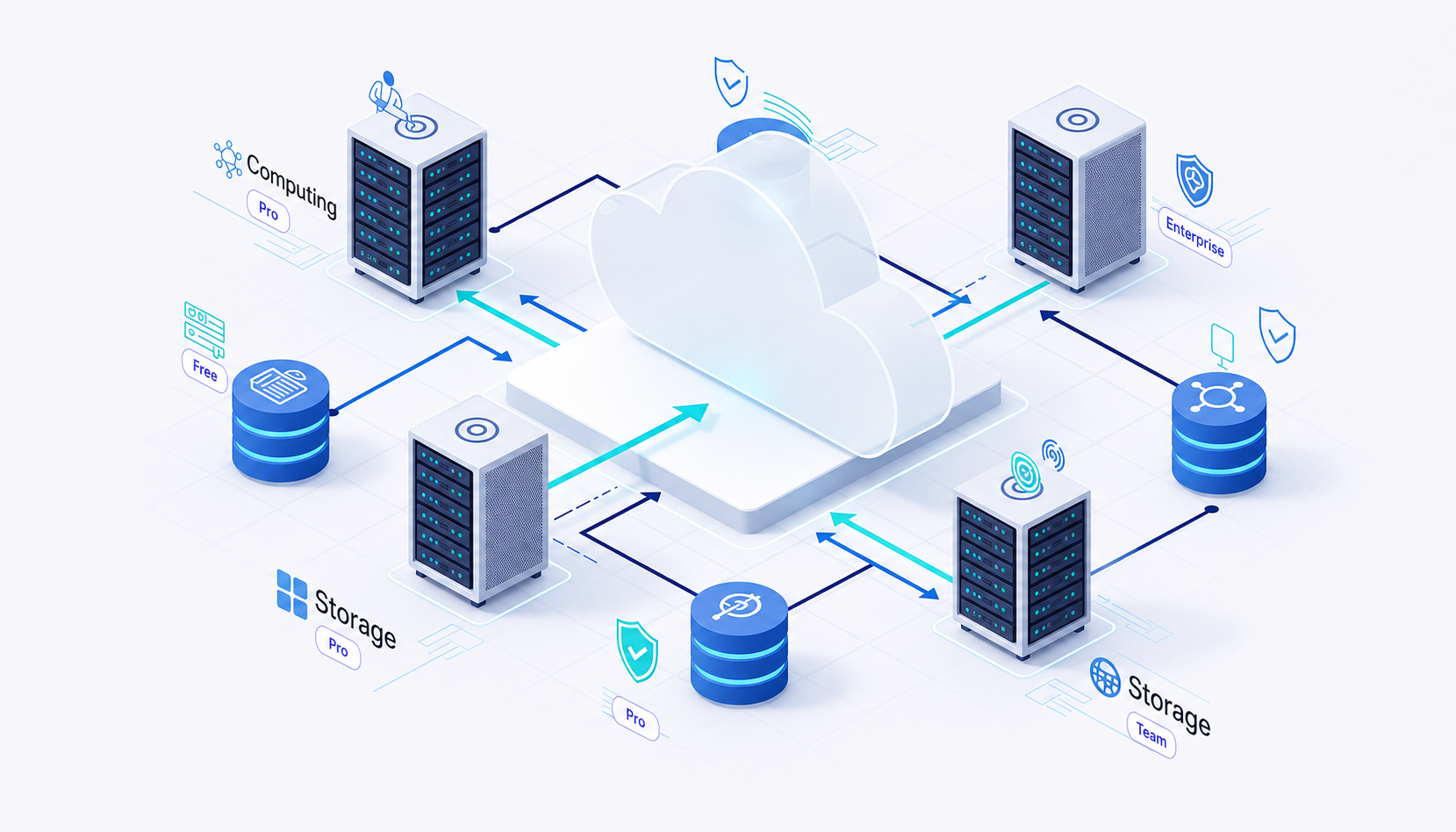 The image depicts a detailed illustration of cloud infrastructure, showcasing interconnected server nodes with data flowing seamlessly between them, symbolizing the robust capabilities of Supabase for managing projects. This visual representation highlights the potential for unlimited API requests and the generous free tier, making it ideal for hobby projects and scalable production applications.