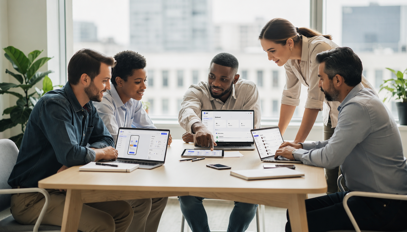 A diverse team of professionals is collaborating around laptops and tablet devices in a modern office workspace, showcasing teamwork in app development. They are engaged in discussions about mobile apps and internal tools, reflecting a dynamic environment for building scalable business apps and utilizing no code platforms.