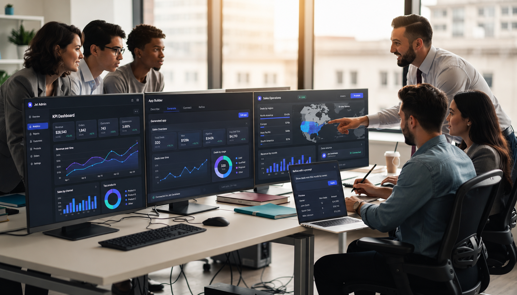 The image depicts a diverse team collaborating at desks equipped with multiple monitors displaying vibrant dashboard interfaces and intricate data visualizations. This scene illustrates the use of low code development tools for creating apps and enhancing business process management applications.