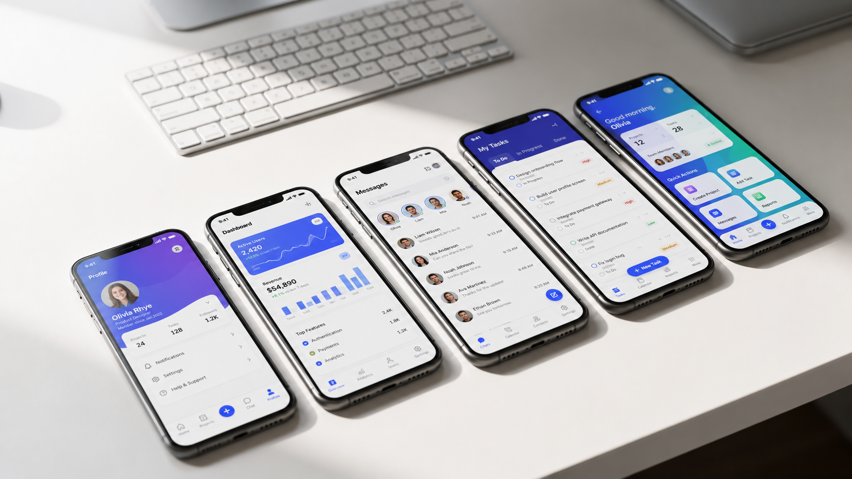 The image shows several smartphones on a clean desk, each displaying vibrant and colorful interfaces of native mobile apps. The apps include various functionalities, highlighting the ease of mobile app development and the user-friendly design suitable for both technical and non-technical users.