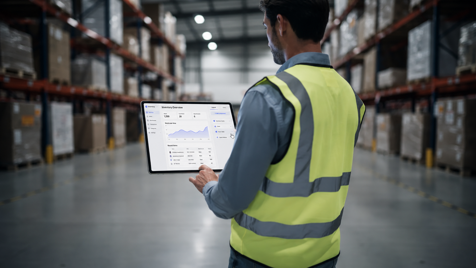A person is using a tablet in a warehouse, displaying a data-driven app interface designed for managing inventory tracking. The app features a user-friendly drag and drop interface, making it accessible for non-technical users to efficiently handle spreadsheet data and internal business tools.