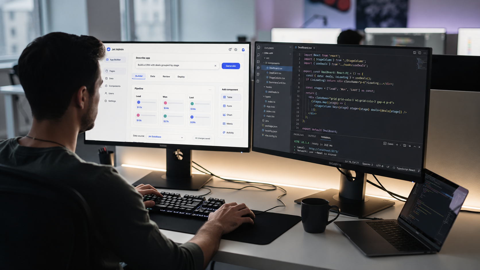 The image depicts a developer seated at a workstation with dual monitors; one screen showcases a visual drag-and-drop interface for low code app building, while the other displays a code editor, highlighting the integration of no code tools and traditional coding in app development. This setup emphasizes the use of low code platforms to create custom apps efficiently.