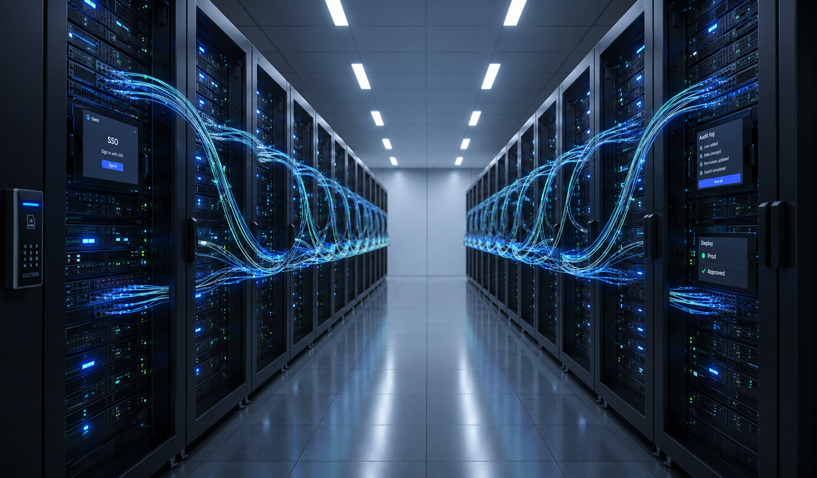 The image depicts a modern office server room filled with glowing network connections, symbolizing advanced enterprise governance and data security, complemented by overlayed security lock icons. This visual representation emphasizes the importance of low code development and app creation for businesses looking to enhance their digital transformation and automate workflows.