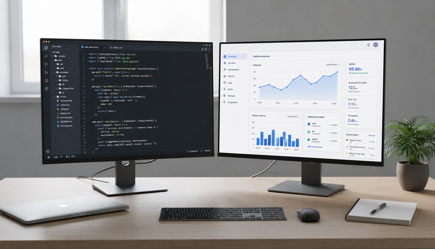 The image depicts a dual monitor workspace showcasing a code editor on one screen and an application dashboard on the other, illustrating the development process for building internal tools. This setup highlights the use of a low code platform, emphasizing features like custom components and data source integrations for creating efficient internal applications.
