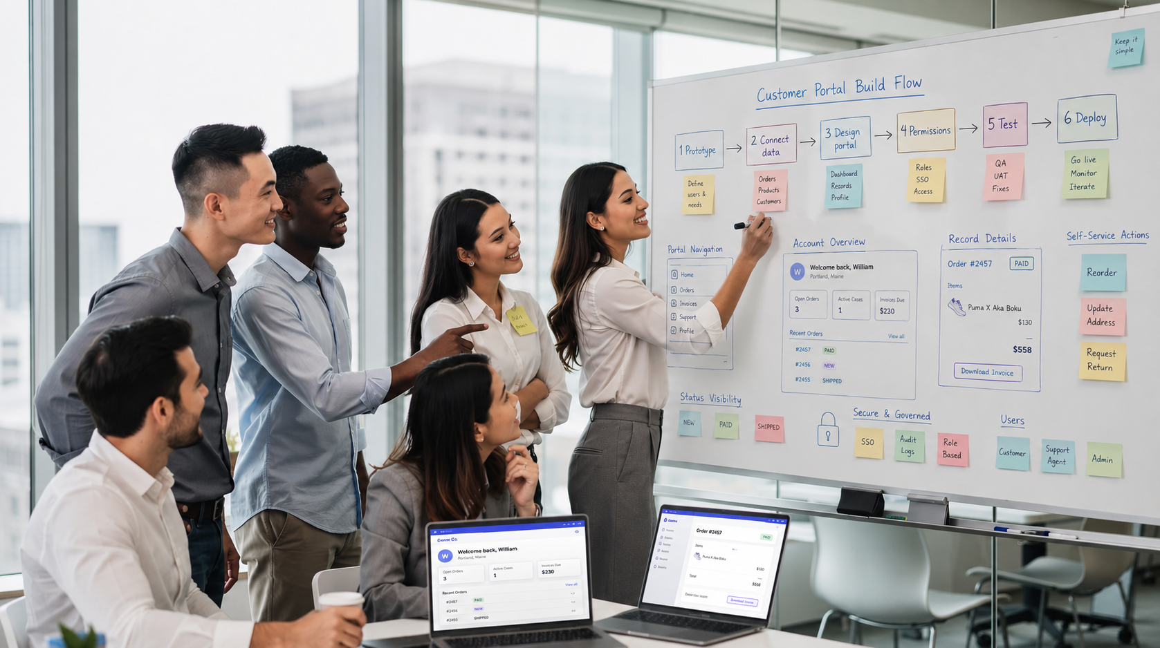 The image shows a diverse team of professionals collaborating around a whiteboard filled with sticky notes and diagrams in a modern office space, emphasizing teamwork and project management. This scene highlights the importance of collaboration tools and effective client communication in managing projects and enhancing customer satisfaction.