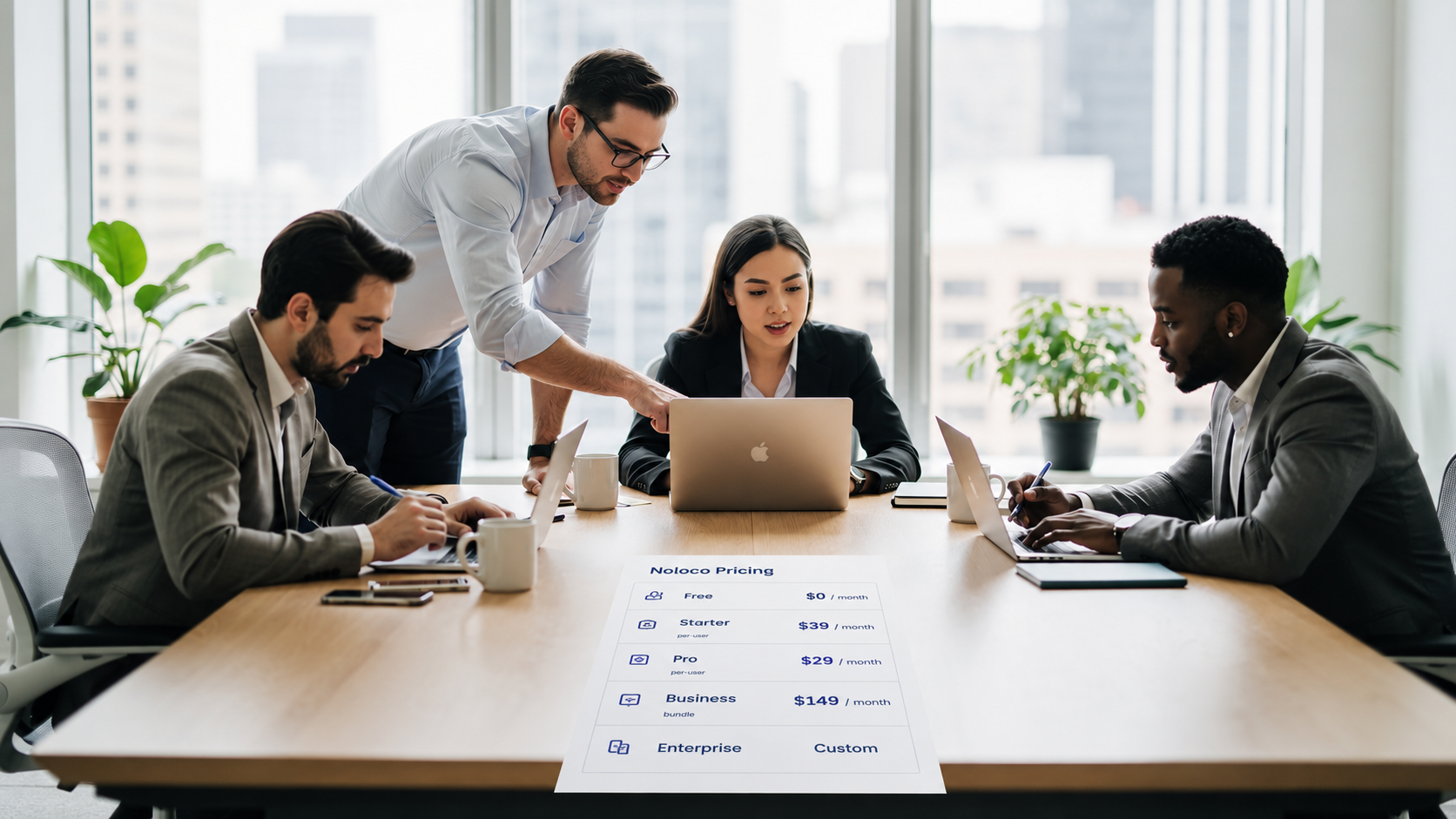 The image depicts a diverse team collaborating around laptops in a modern office workspace, focused on creating web apps and discussing advanced features for their internal tools. The atmosphere is dynamic, with team members sharing ideas and utilizing tools like Google Sheets to streamline their projects.