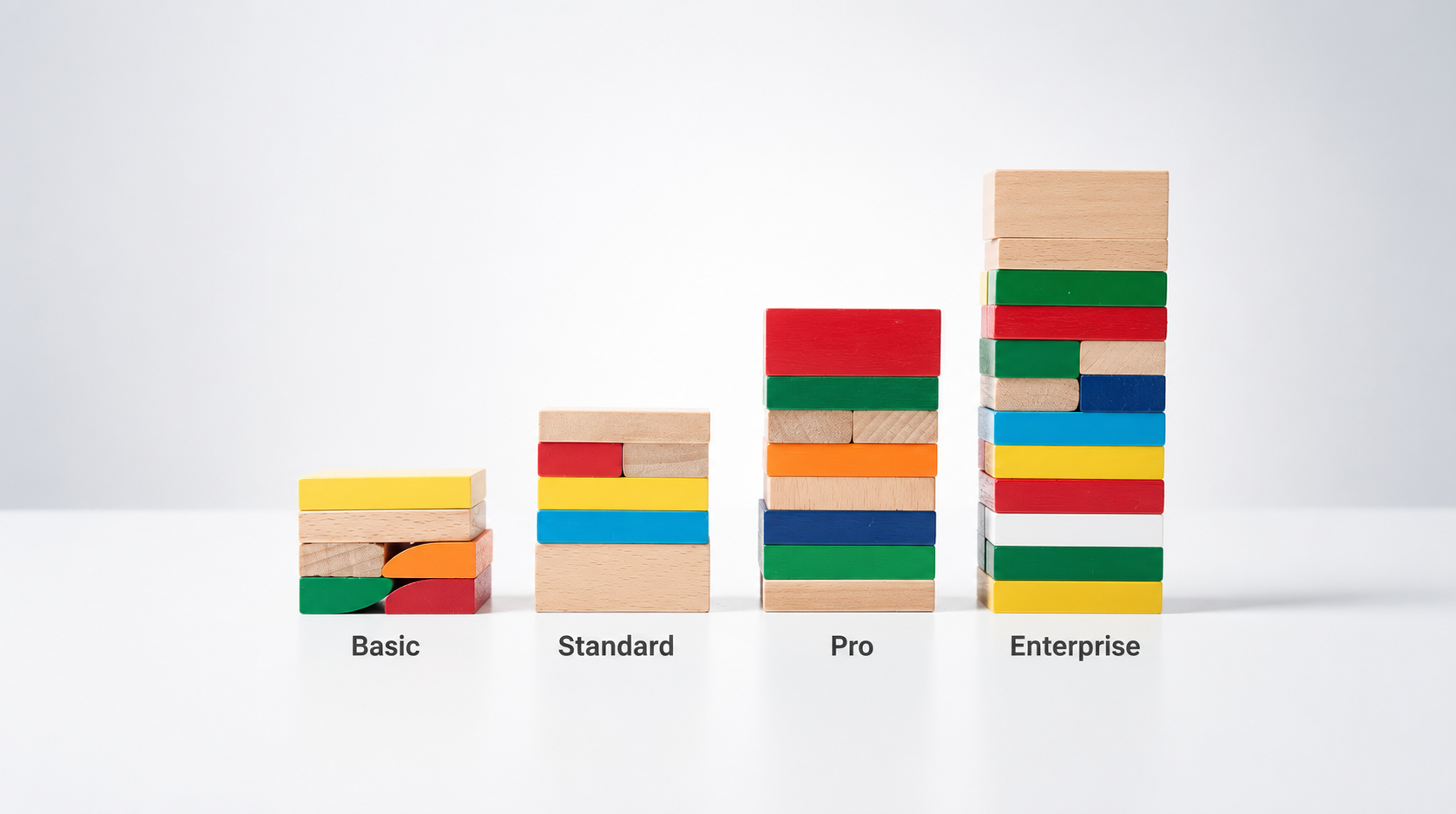 The image depicts a series of colorful building blocks stacked in ascending order, symbolizing various pricing tiers of Appsmith's plans, including the free plan, business plan, and enterprise plan. Each block represents different features such as user provisioning, advanced security, and managed hosting, illustrating the flexible pricing structure for building internal tools.