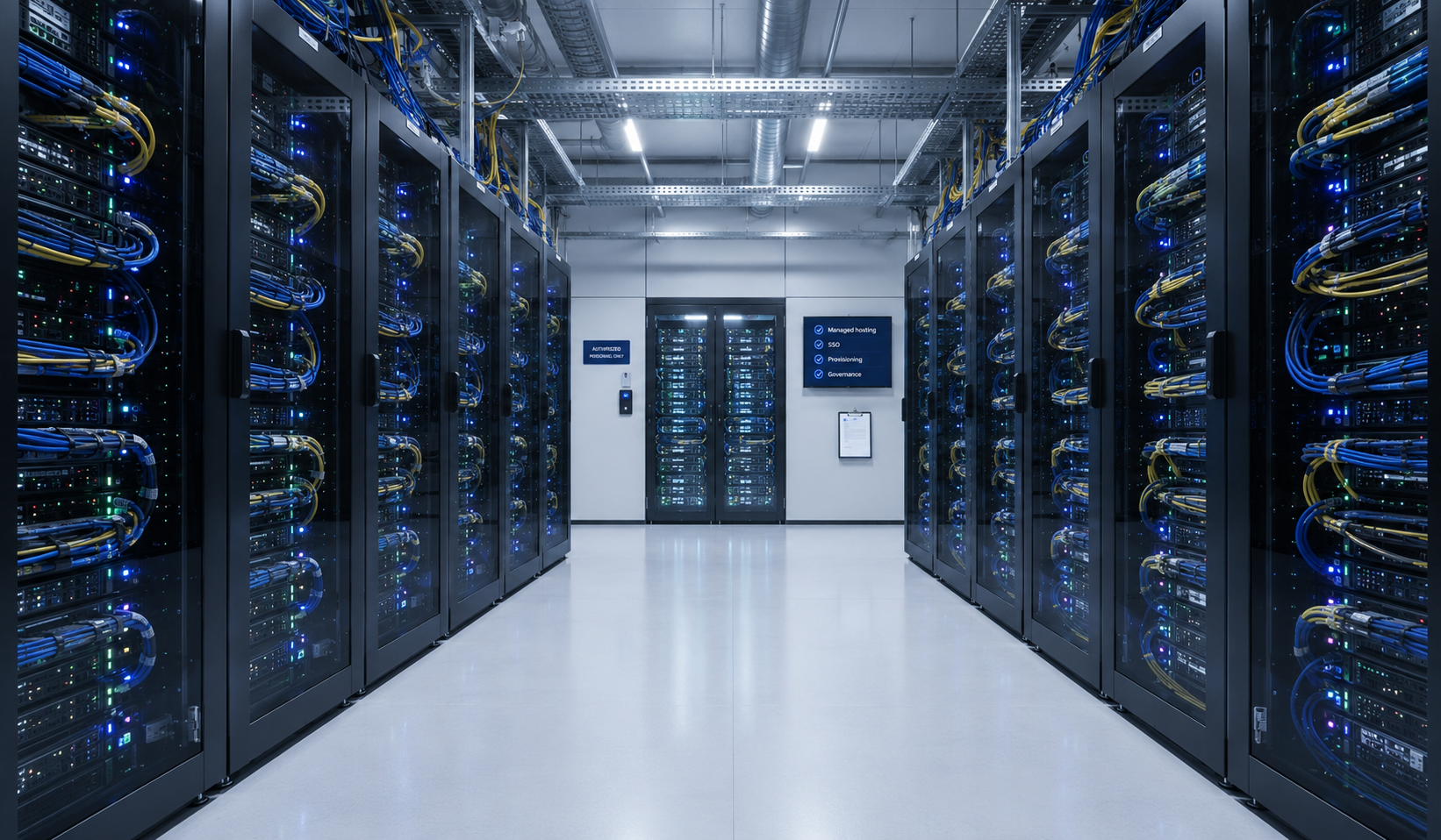 The image depicts a secure server room filled with rack-mounted hardware, featuring blinking lights that indicate active processes. This environment is essential for businesses utilizing advanced security measures and managed hosting solutions to support their internal tools and applications.