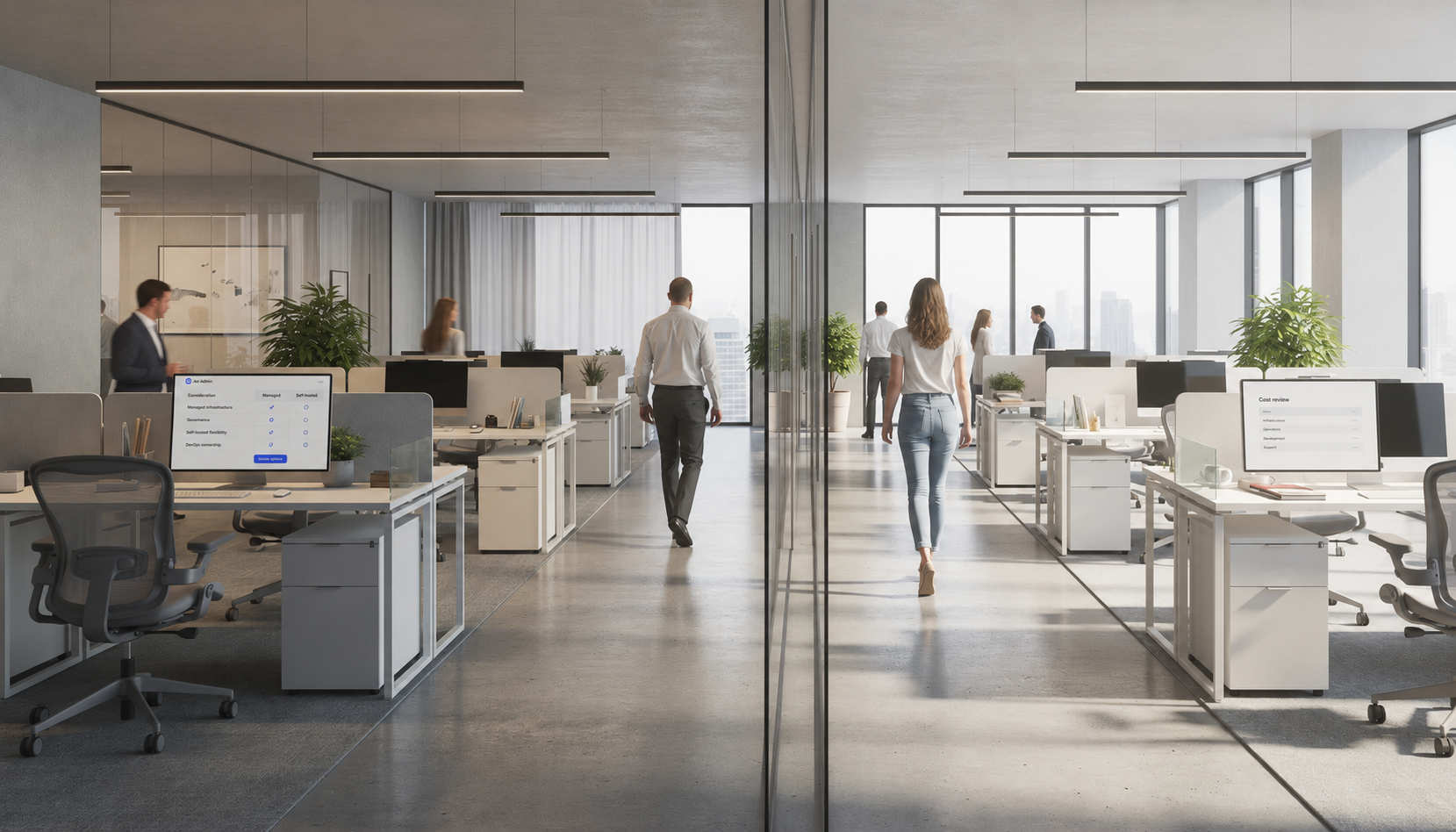 The image depicts two parallel pathways diverging through a modern office environment, symbolizing different business plans such as the free plan and enterprise pricing. The sleek, contemporary design reflects an atmosphere conducive to building internal tools and scaling teams efficiently.