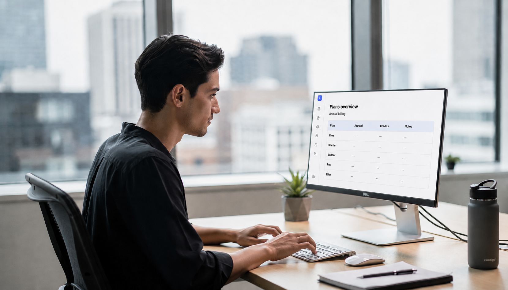 The image depicts a person sitting at a modern workspace, intently comparing various subscription options for an AI app builder on their laptop screen. They are evaluating plans such as the free plan, starter plan, and pro plan, considering features like integration credits, mobile apps, and pricing comparisons to determine the right plan for their personal projects.