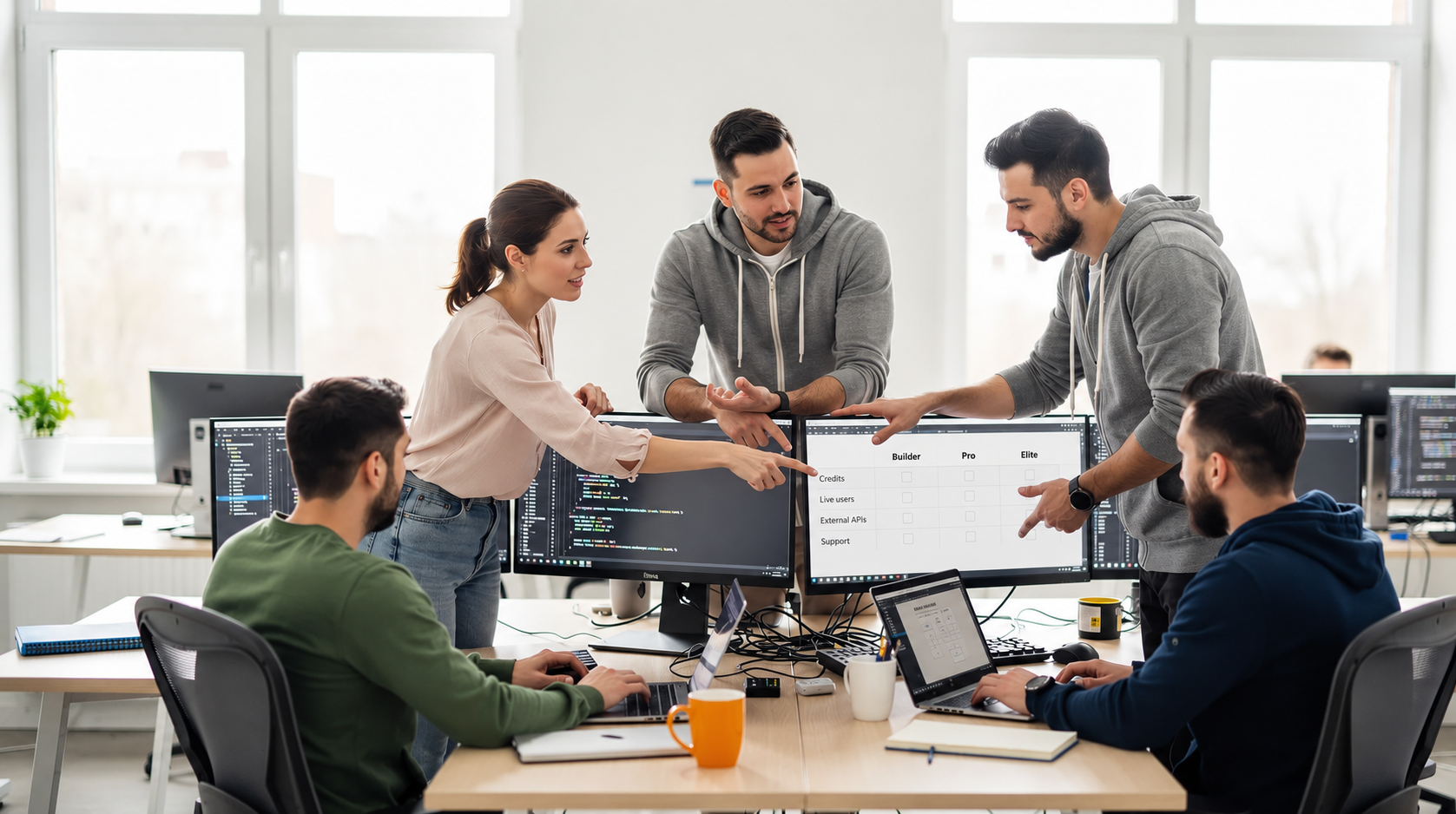 The image depicts a development team collaborating in a bright office, gathered around multiple screens displaying code and app designs. They are engaged in discussions, likely focused on building and integrating features for their projects, which may include developing complex applications and utilizing various plans such as the free plan or paid plans for their work.
