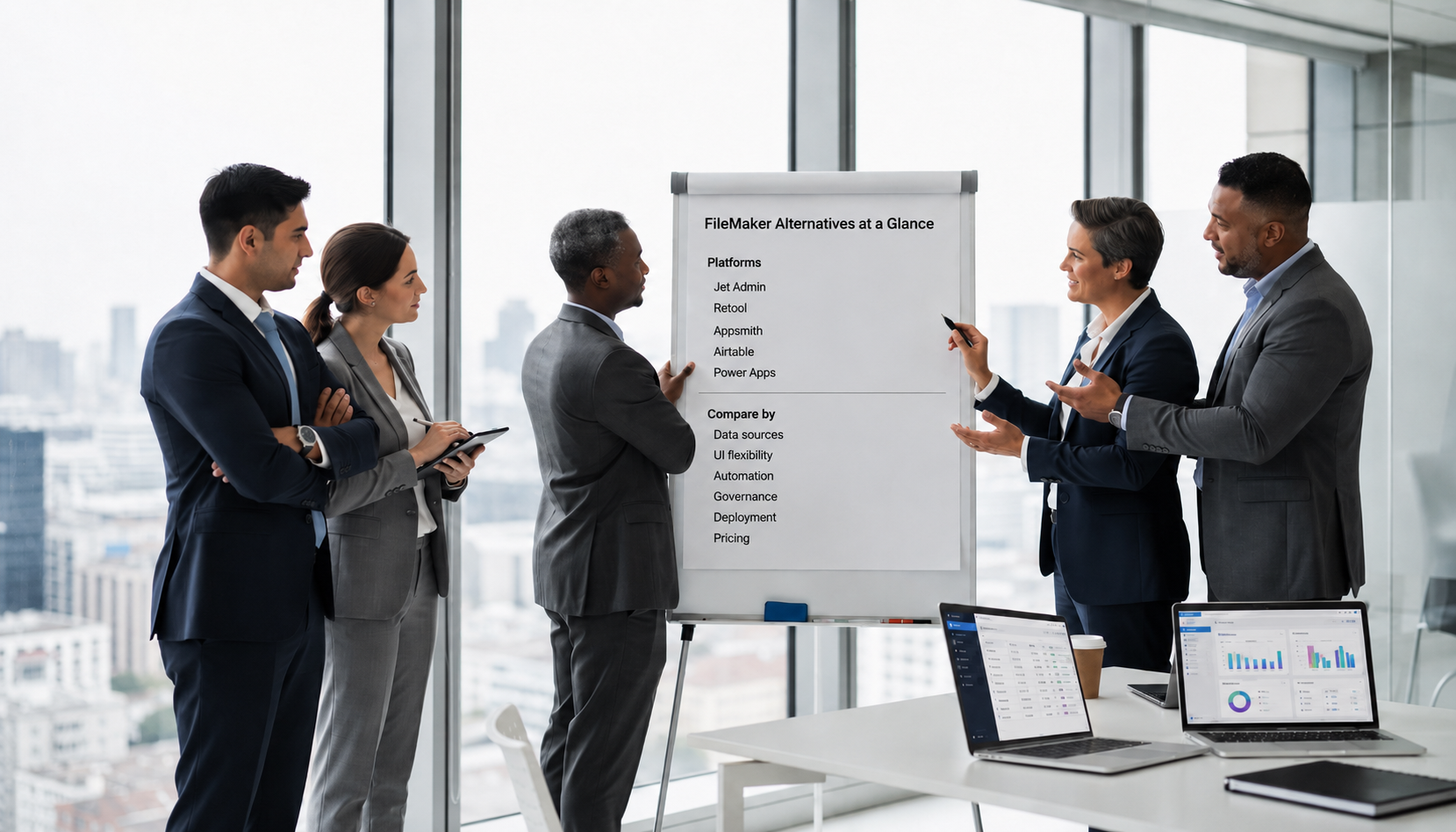 A diverse team of professionals is gathered in a modern office, actively reviewing options and brainstorming on a whiteboard, which showcases various ideas related to database management and custom applications. The collaborative atmosphere highlights their focus on integrating tailored solutions and enhancing business processes through innovative approaches.